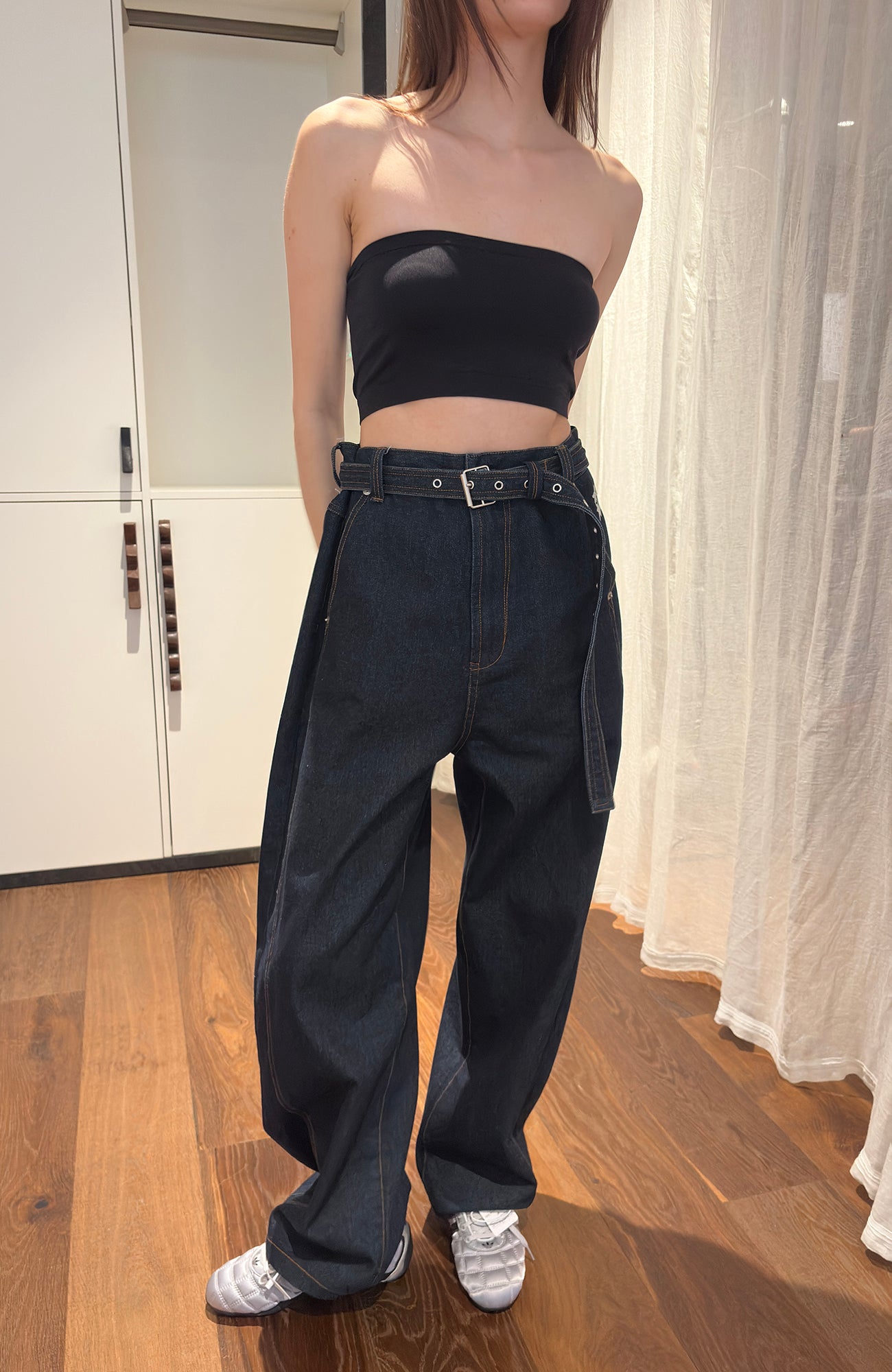 MIICHOUS Belted Curved-Leg Embroidered Raw Denim, premium urban and streetwear designers apparel on PROJECTISR.com, MIICHOUS