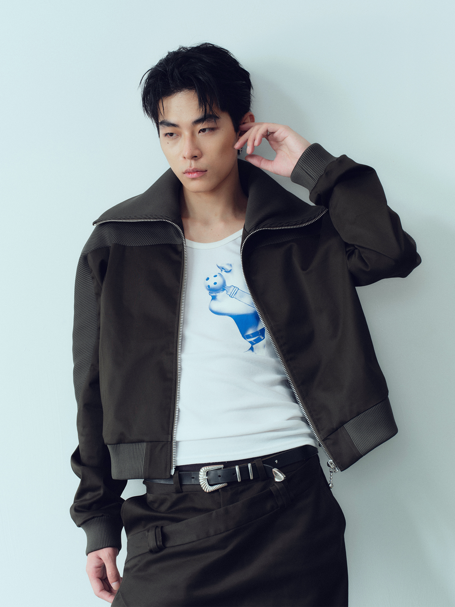 KADAKADA Rib-Spliced Stand-Collar Cropped Jacket