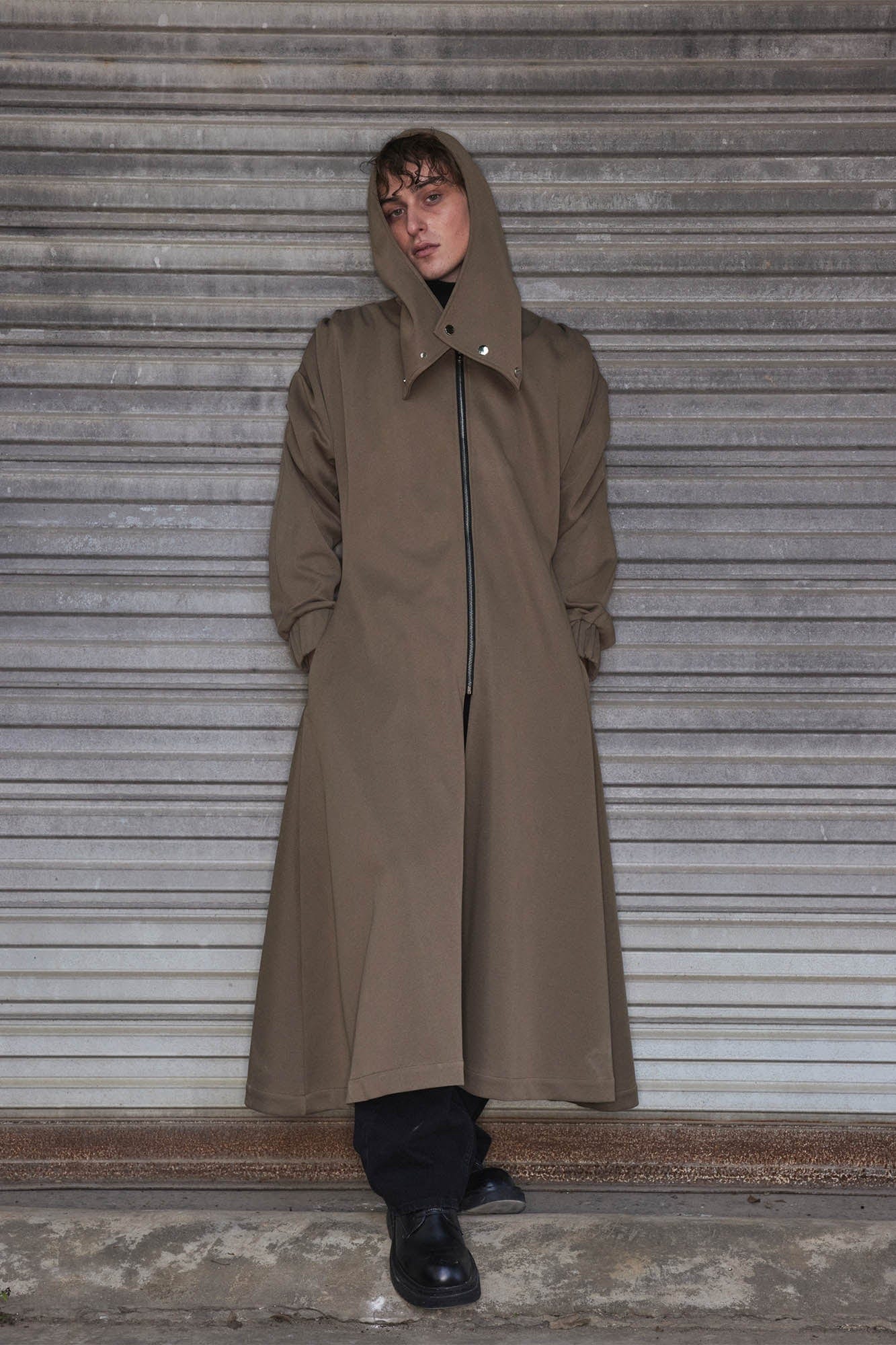 KADAKADA Hooded Pleated Shoulder Cloak, premium urban and streetwear designers apparel on PROJECTISR.com, KADAKADA