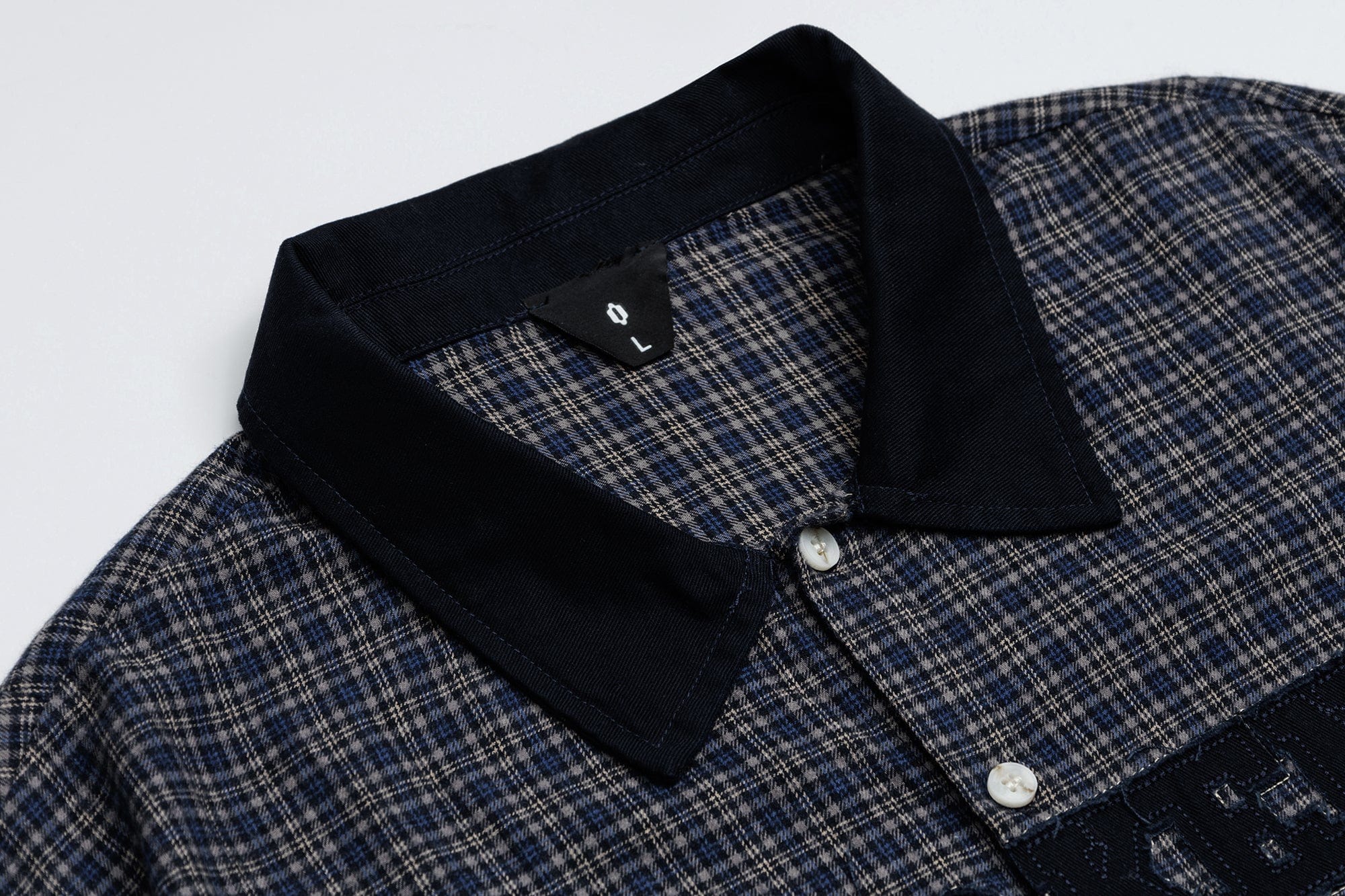 OVDY Raw-Edge Patchwork Graphic Plaid Half Shirt, premium urban and streetwear designers apparel on PROJECTISR.com, OVDY