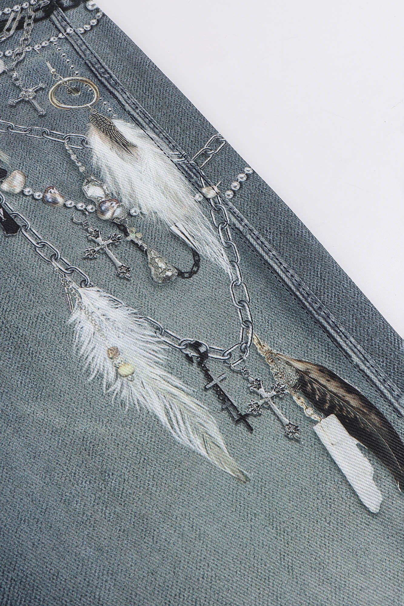 DND4DESxFaychui Pearl Chain Graphics Distressed Flared Jeans, premium urban and streetwear designers apparel on PROJECTISR.com, DND4DES