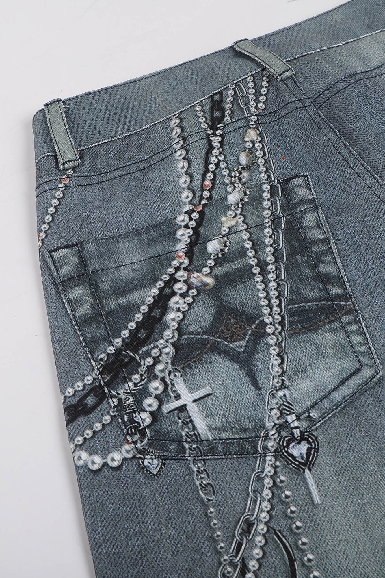 DND4DESxFaychui Pearl Chain Graphics Distressed Flared Jeans, premium urban and streetwear designers apparel on PROJECTISR.com, DND4DES