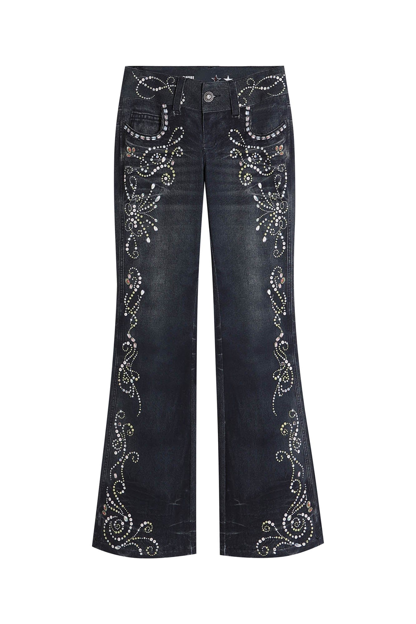 DND4DES Retro Gemstone Graphics Flared Jeans, premium urban and streetwear designers apparel on PROJECTISR.com, DND4DES