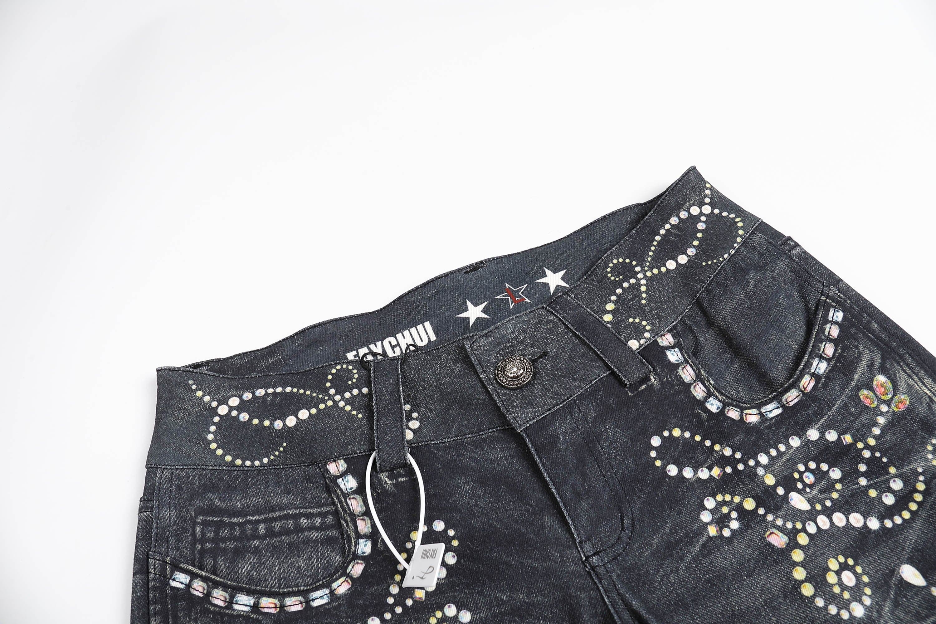 DND4DES Retro Gemstone Graphics Flared Jeans, premium urban and streetwear designers apparel on PROJECTISR.com, DND4DES