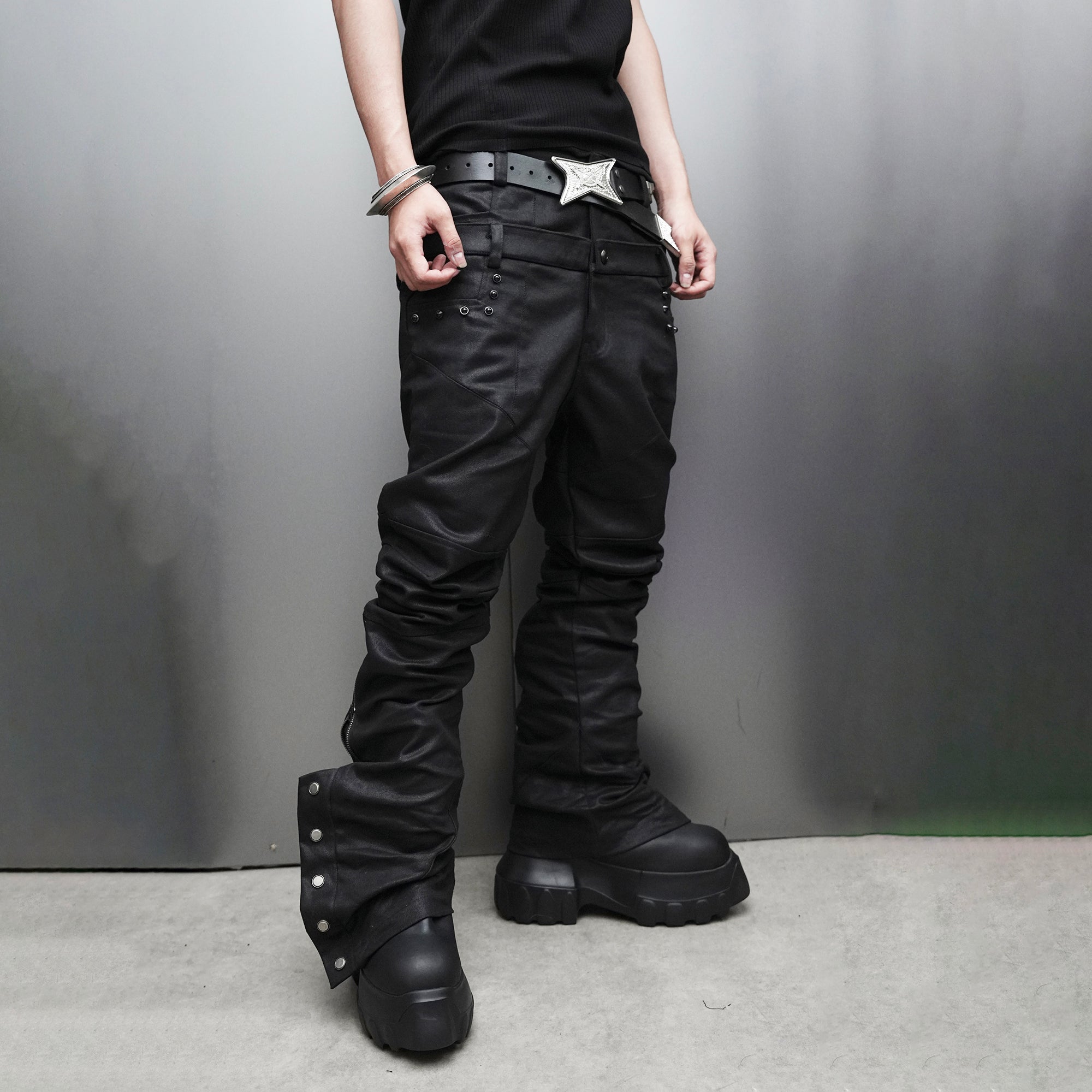 SSIN7 Double Waist Waxed Zip Flared Jeans
