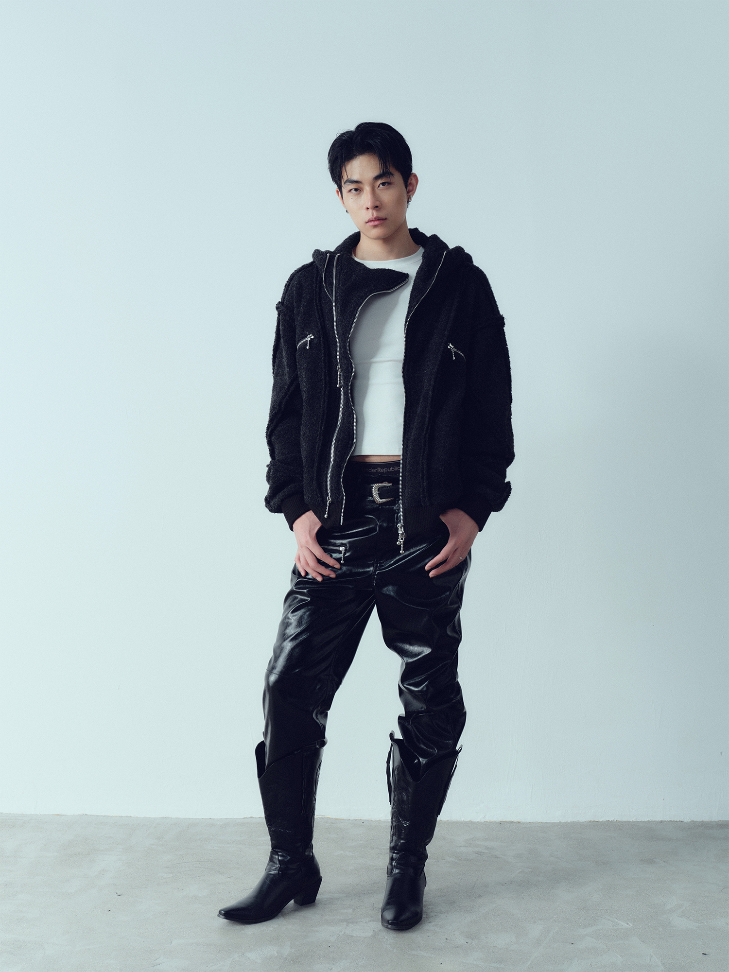 KADAKADA Wooly Raw-Stitch Panel Hooded Jacket