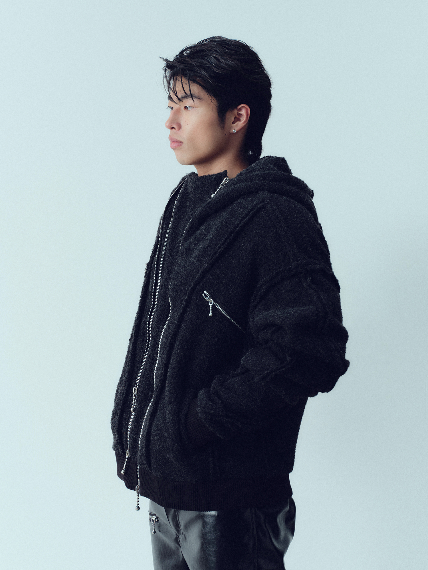 KADAKADA Wooly Raw-Stitch Panel Hooded Jacket