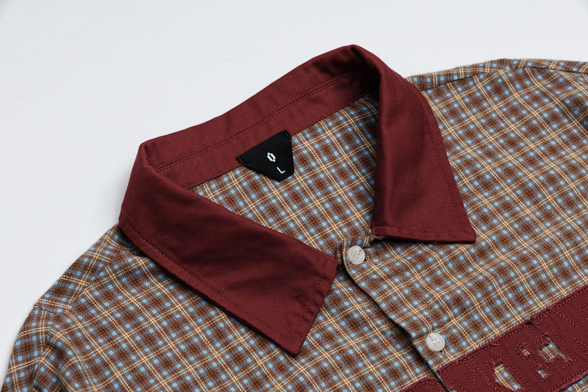 OVDY Raw-Edge Patchwork Graphic Plaid Half Shirt, premium urban and streetwear designers apparel on PROJECTISR.com, OVDY