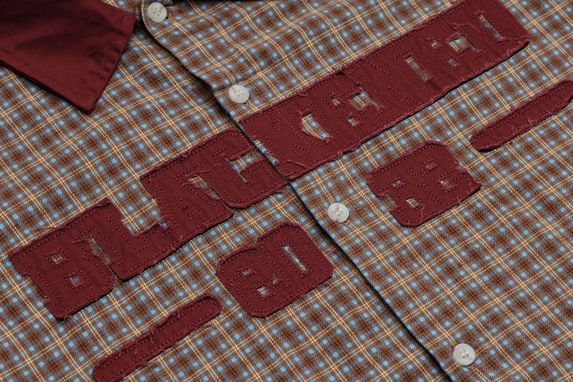 OVDY Raw-Edge Patchwork Graphic Plaid Half Shirt, premium urban and streetwear designers apparel on PROJECTISR.com, OVDY