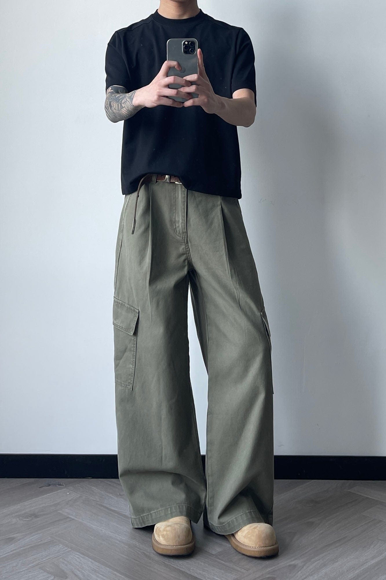 OKAYTHXBYE Pleated Utility Baggy Cargo Pants, premium urban and streetwear designers apparel on PROJECTISR.com, OKAYTHXBYE