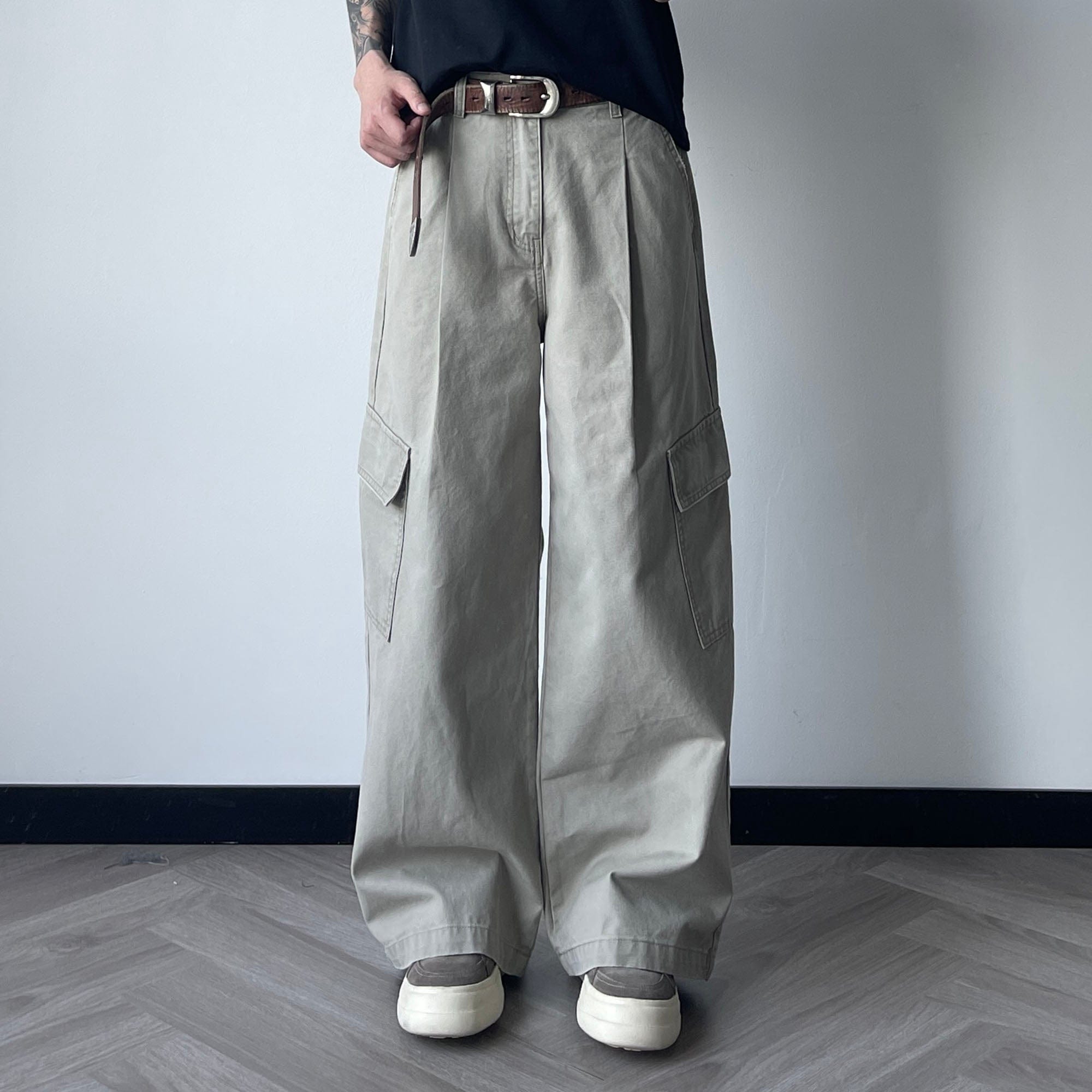 OKAYTHXBYE Pleated Utility Baggy Cargo Pants, premium urban and streetwear designers apparel on PROJECTISR.com, OKAYTHXBYE