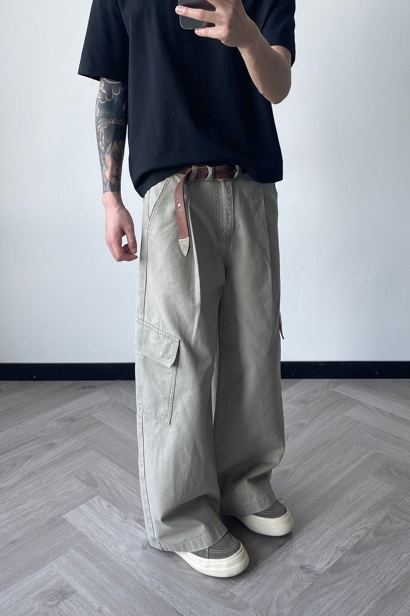 OKAYTHXBYE Pleated Utility Baggy Cargo Pants, premium urban and streetwear designers apparel on PROJECTISR.com, OKAYTHXBYE