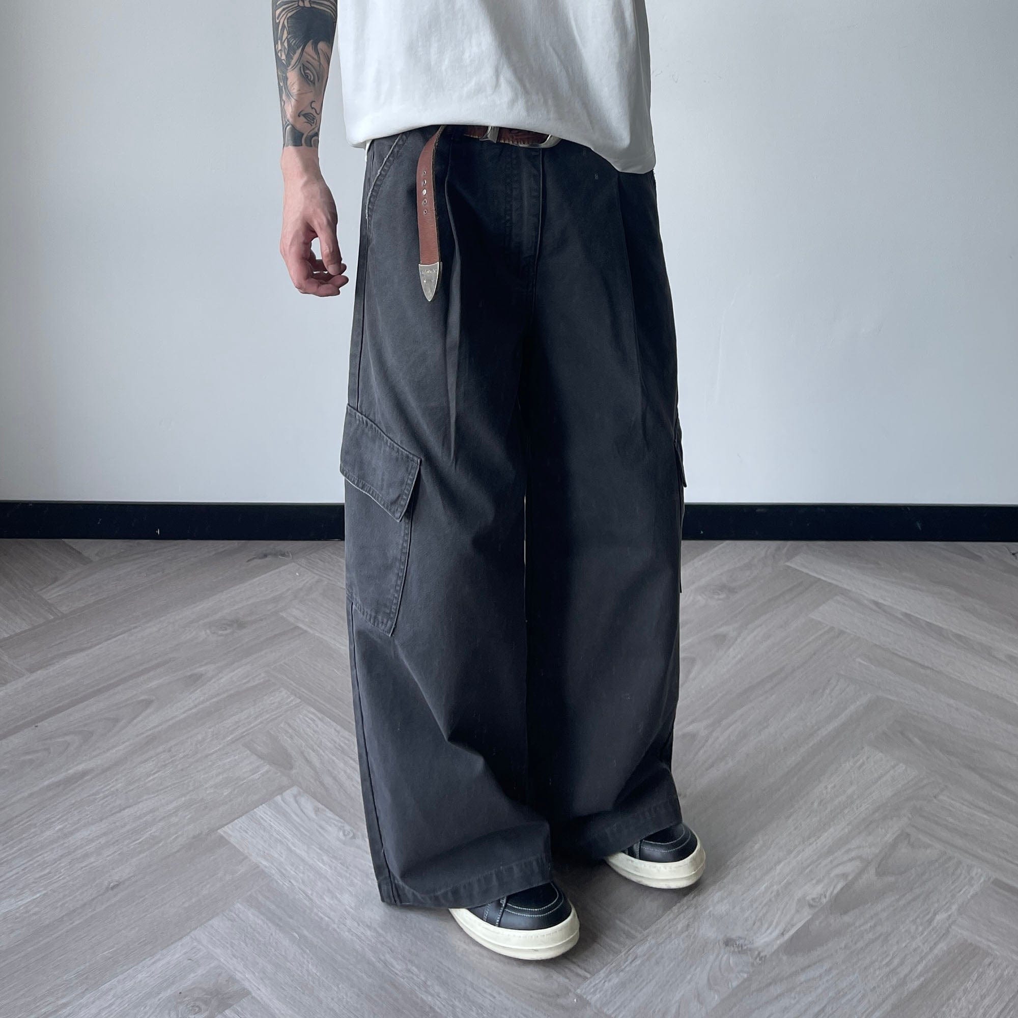 OKAYTHXBYE Pleated Utility Baggy Cargo Pants, premium urban and streetwear designers apparel on PROJECTISR.com, OKAYTHXBYE