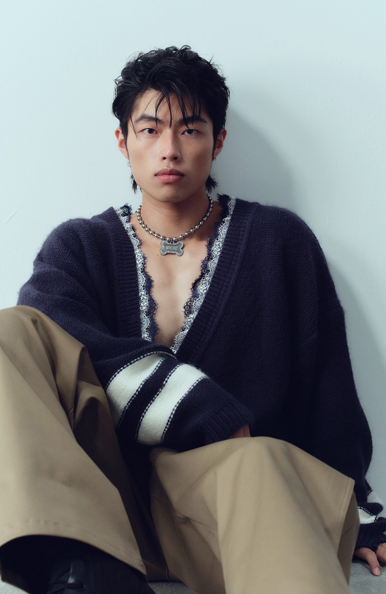 KADAKADA Lace-Neck Distressed Oversized Sweater