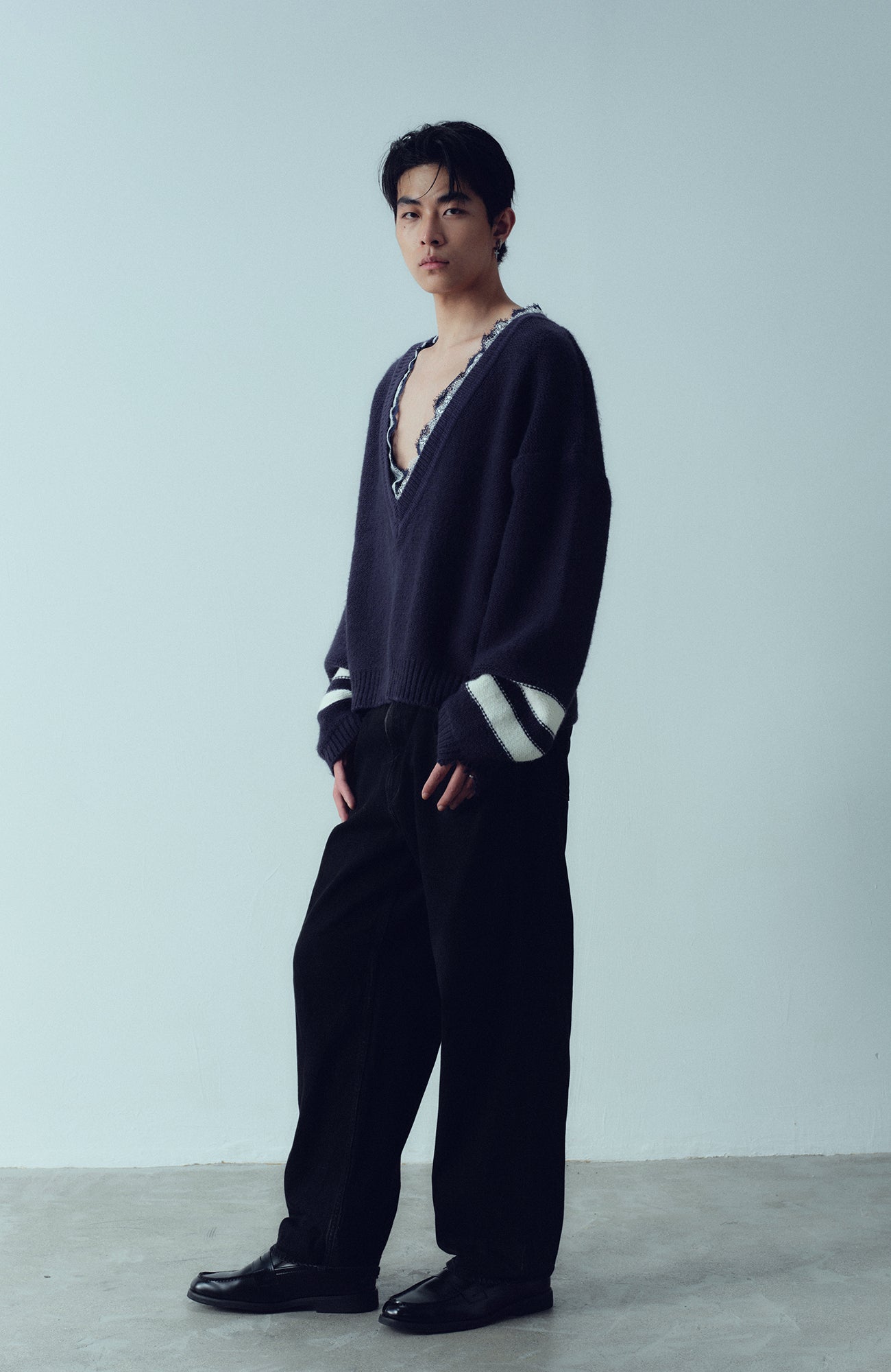 KADAKADA Lace-Neck Distressed Oversized Sweater