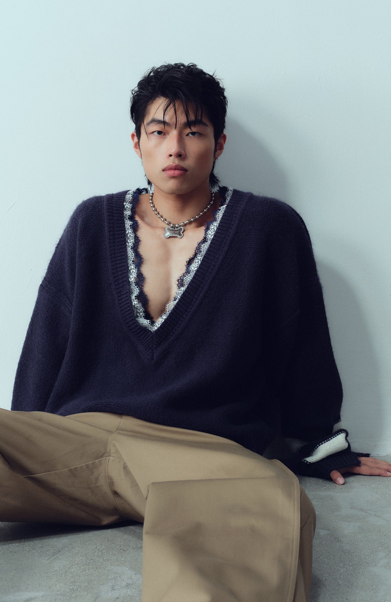 KADAKADA Lace-Neck Distressed Oversized Sweater