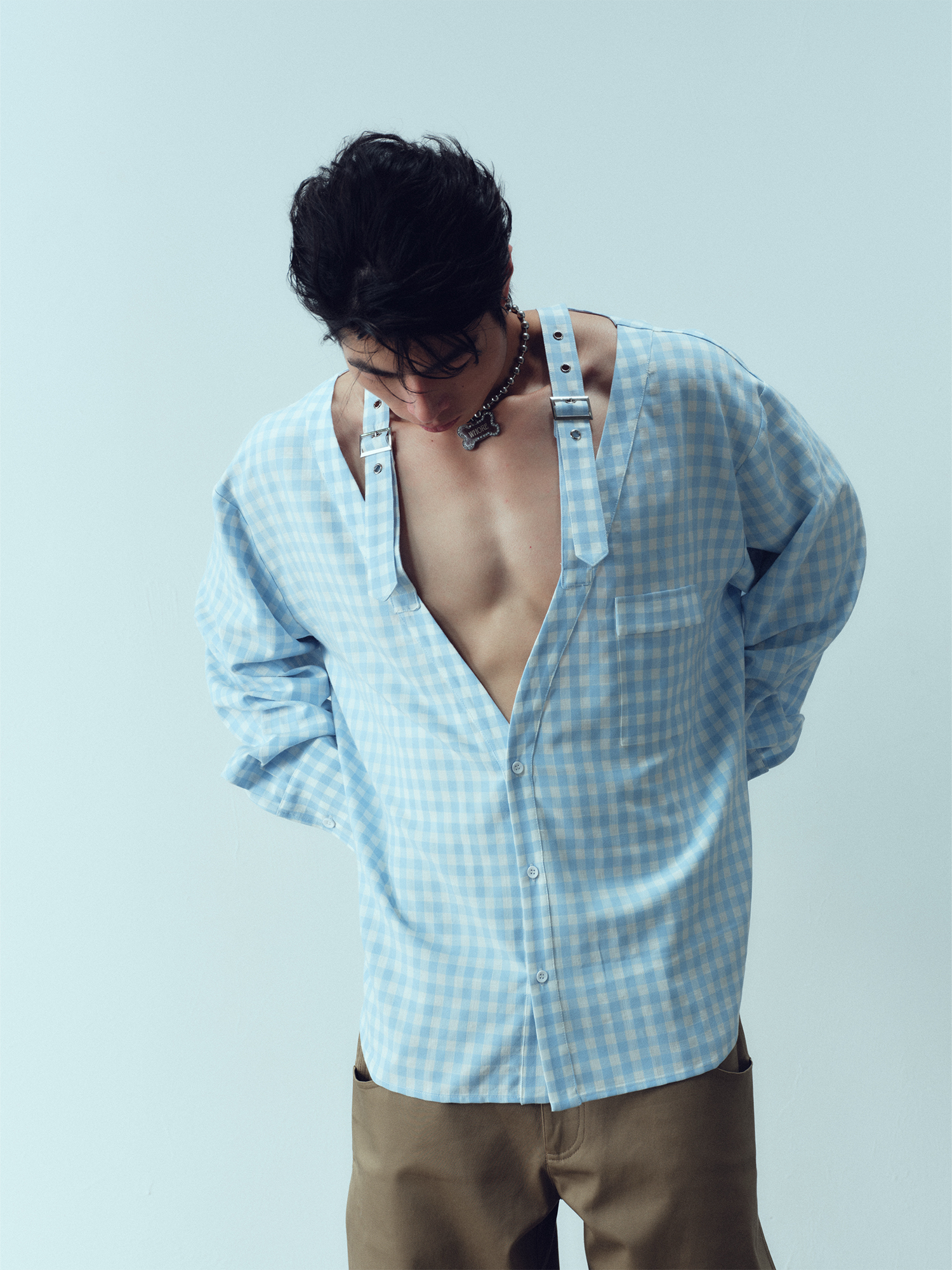 KADAKADA Gingham V-Neck Tie-Strap Oversized Shirt, premium urban and streetwear designers apparel on PROJECTISR.com, KADAKADA