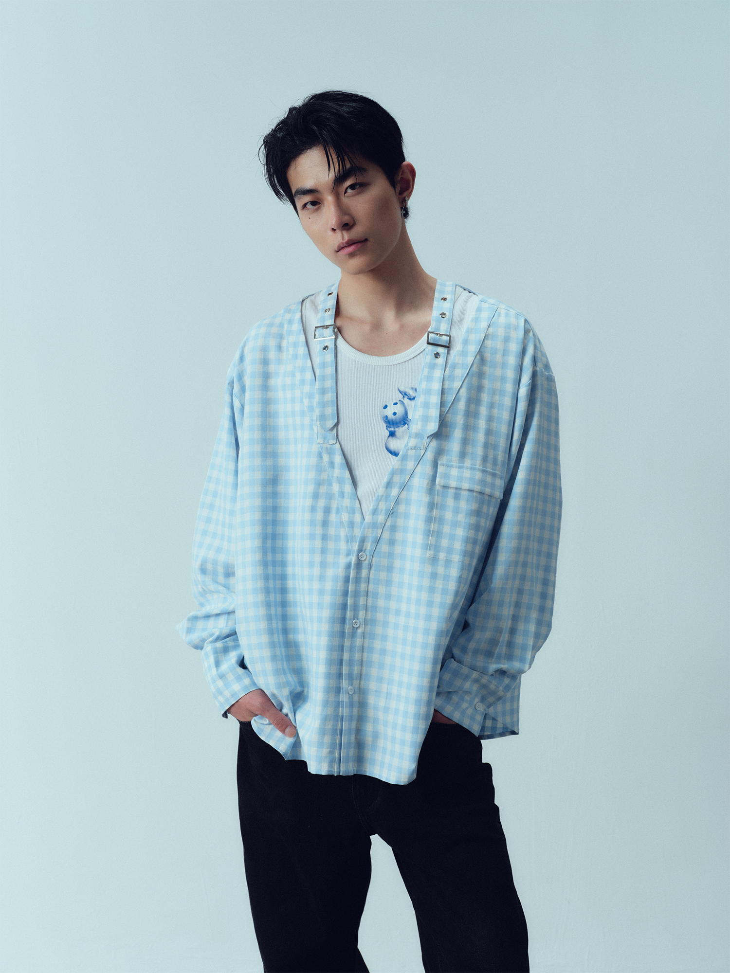 KADAKADA Gingham V-Neck Tie-Strap Oversized Shirt, premium urban and streetwear designers apparel on PROJECTISR.com, KADAKADA