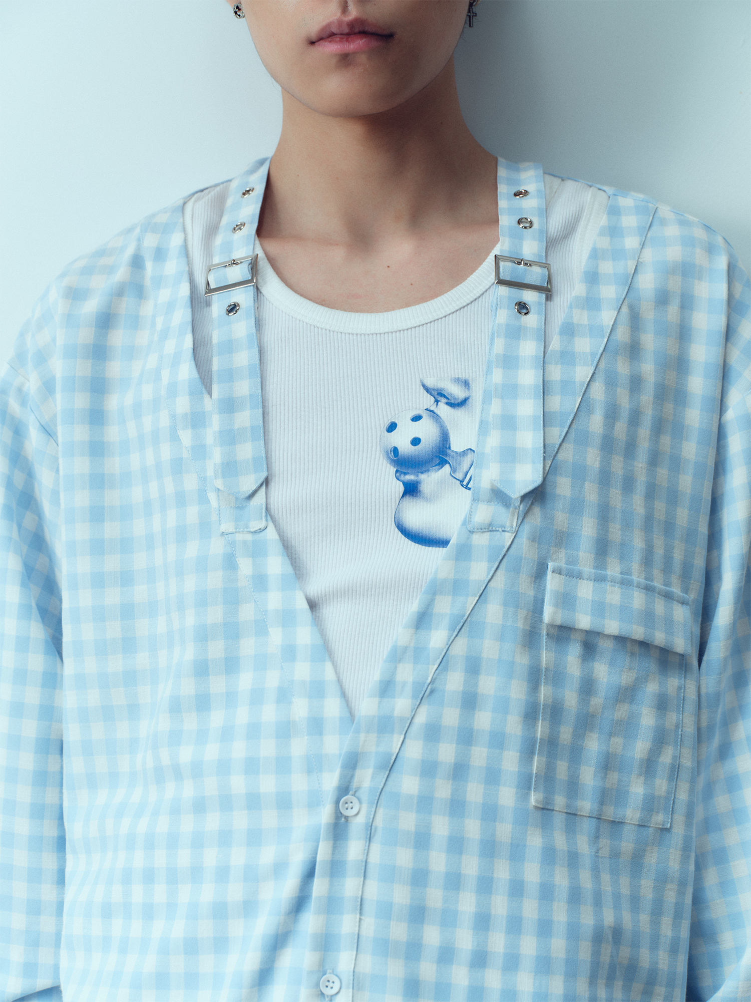 KADAKADA Gingham V-Neck Tie-Strap Oversized Shirt, premium urban and streetwear designers apparel on PROJECTISR.com, KADAKADA