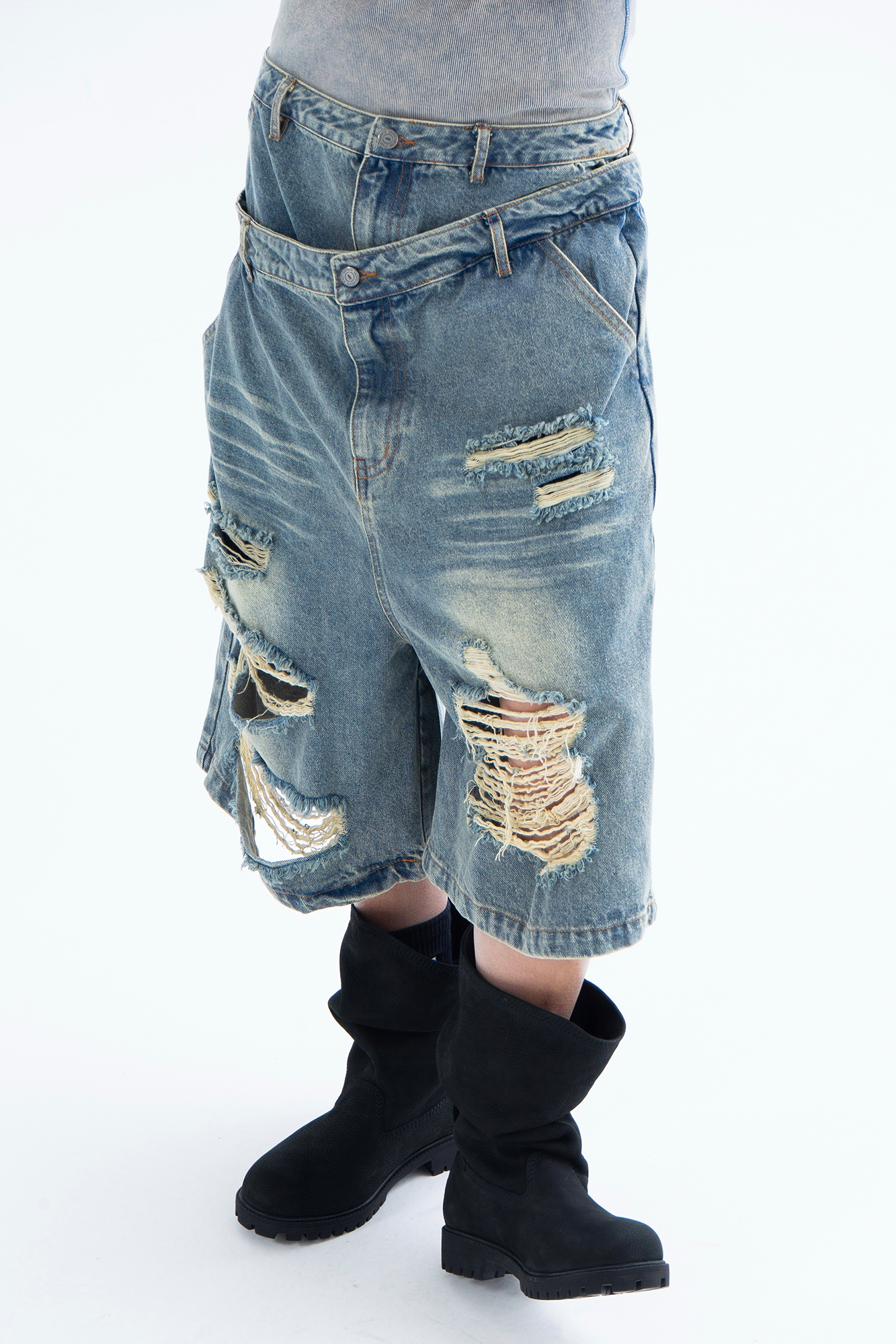 CLP Distressed Double-Waist Denim Shorts
