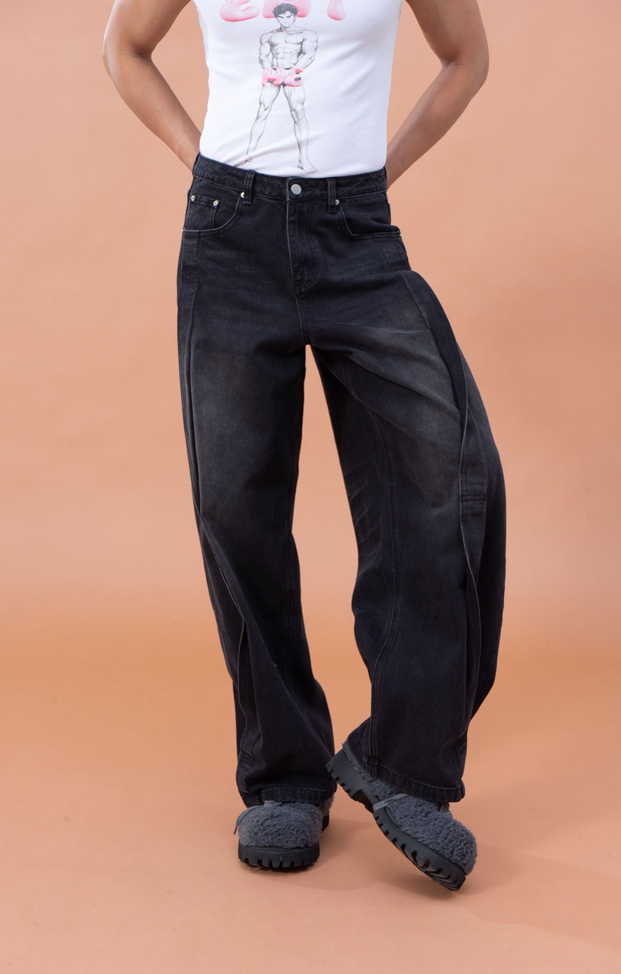 CLP Pleated Knee Wide-Leg Denim Pants