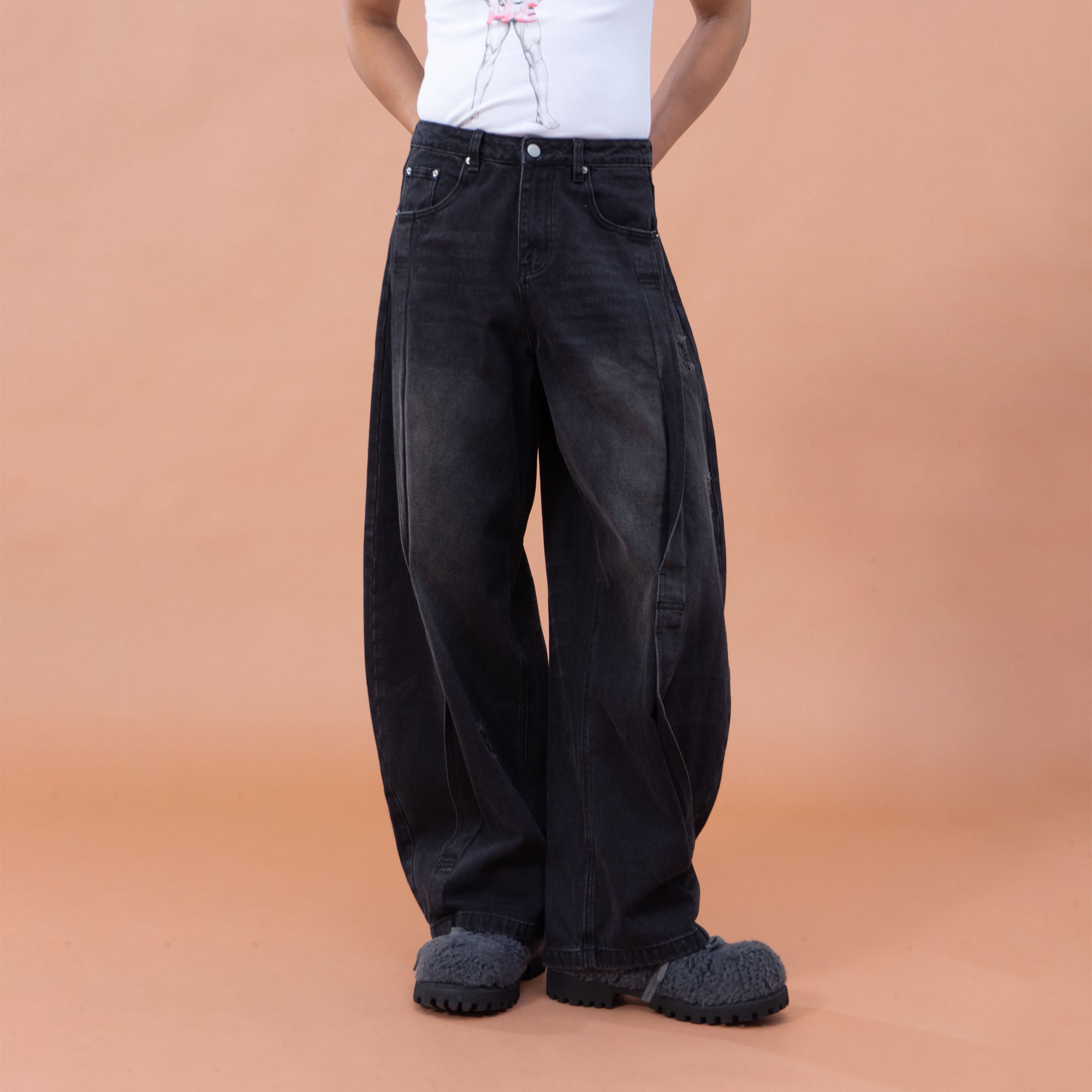 CLP Pleated Knee Wide-Leg Denim Pants