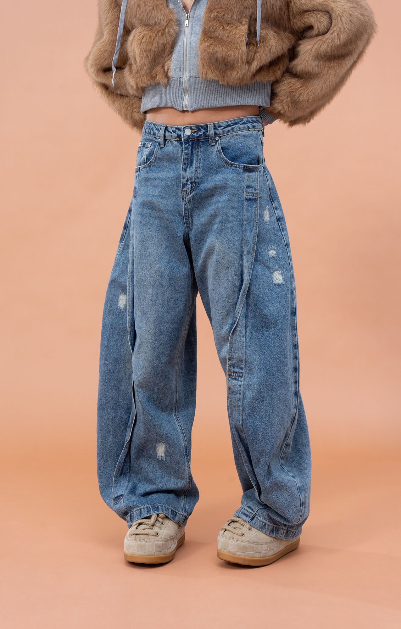 CLP Pleated Knee Wide-Leg Denim Pants