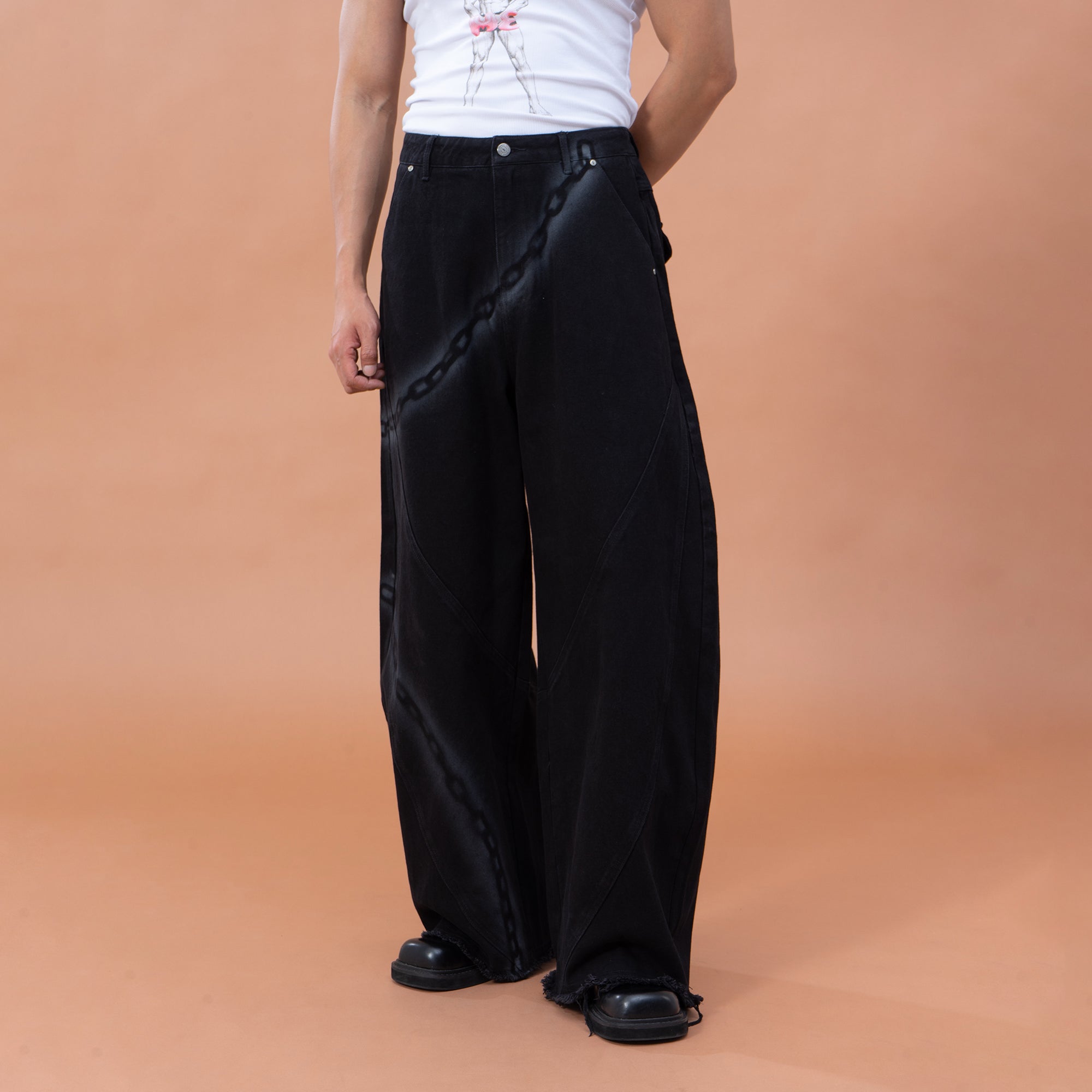 CLP Chain Graphic Frayed Curved-Leg Jeans, premium urban and streetwear designers apparel on PROJECTISR.com, CLP