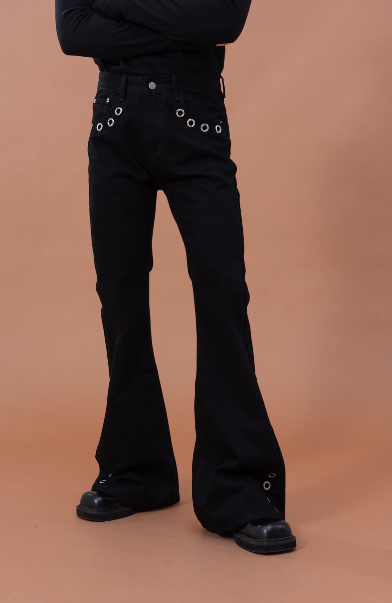 CLP Eyelet-Stud Stacked Hem Flared Jeans, premium urban and streetwear designers apparel on PROJECTISR.com, CLP
