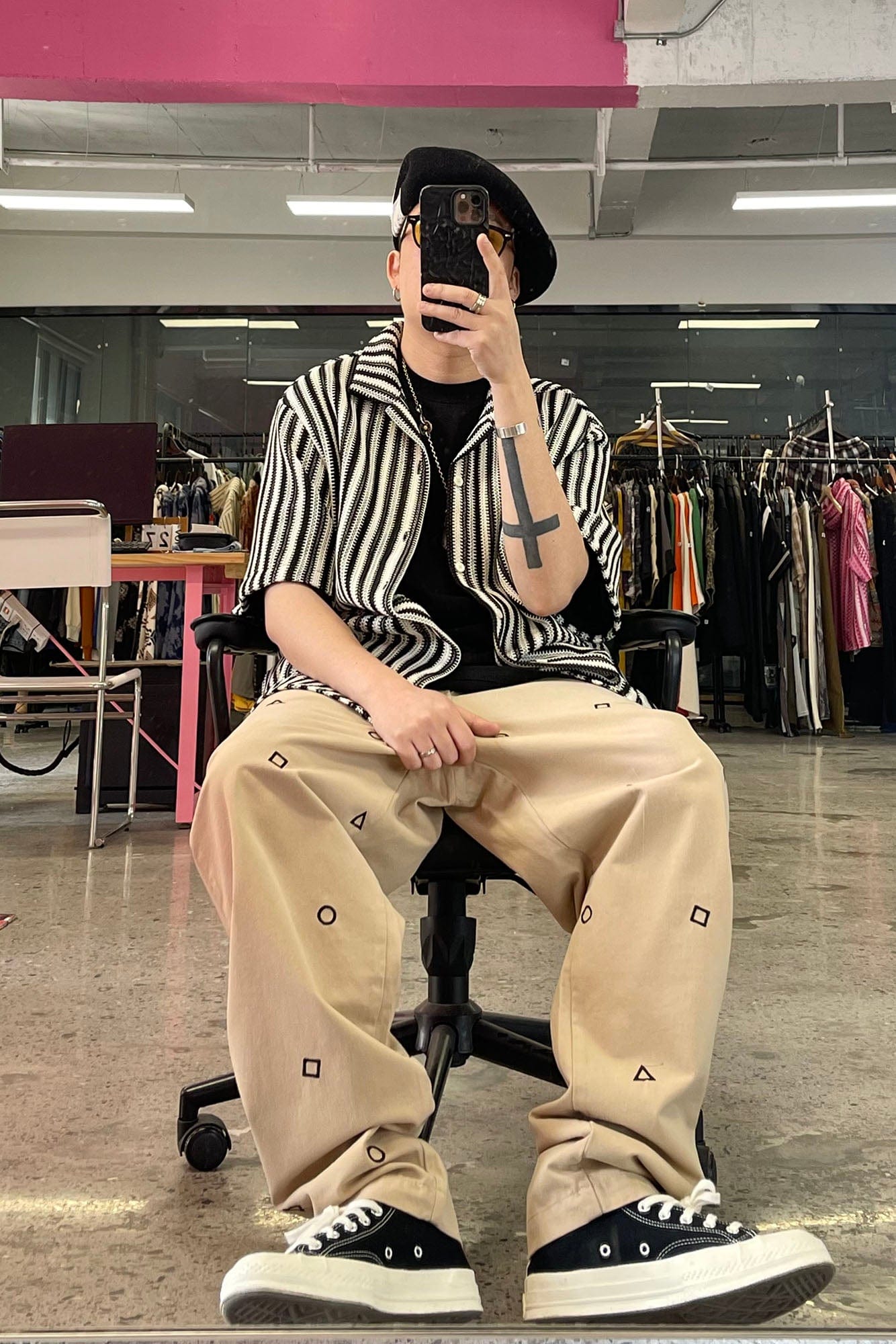 ME DA IGUAL Geometric Embroidered Oversized Tapered Pants, premium urban and streetwear designers apparel on PROJECTISR.com, ME DA IGUAL