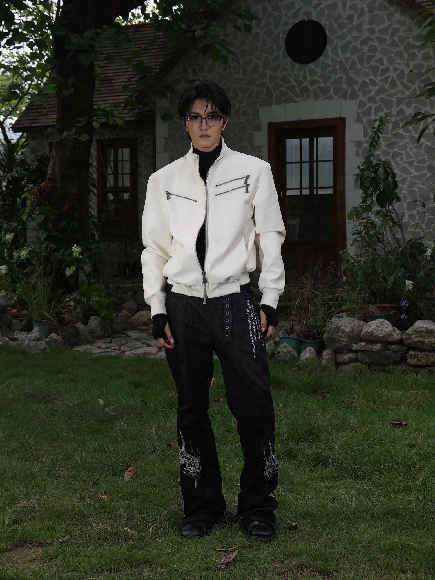 FLYERRER Thorned Eye Graphic Faux Leather Jacket