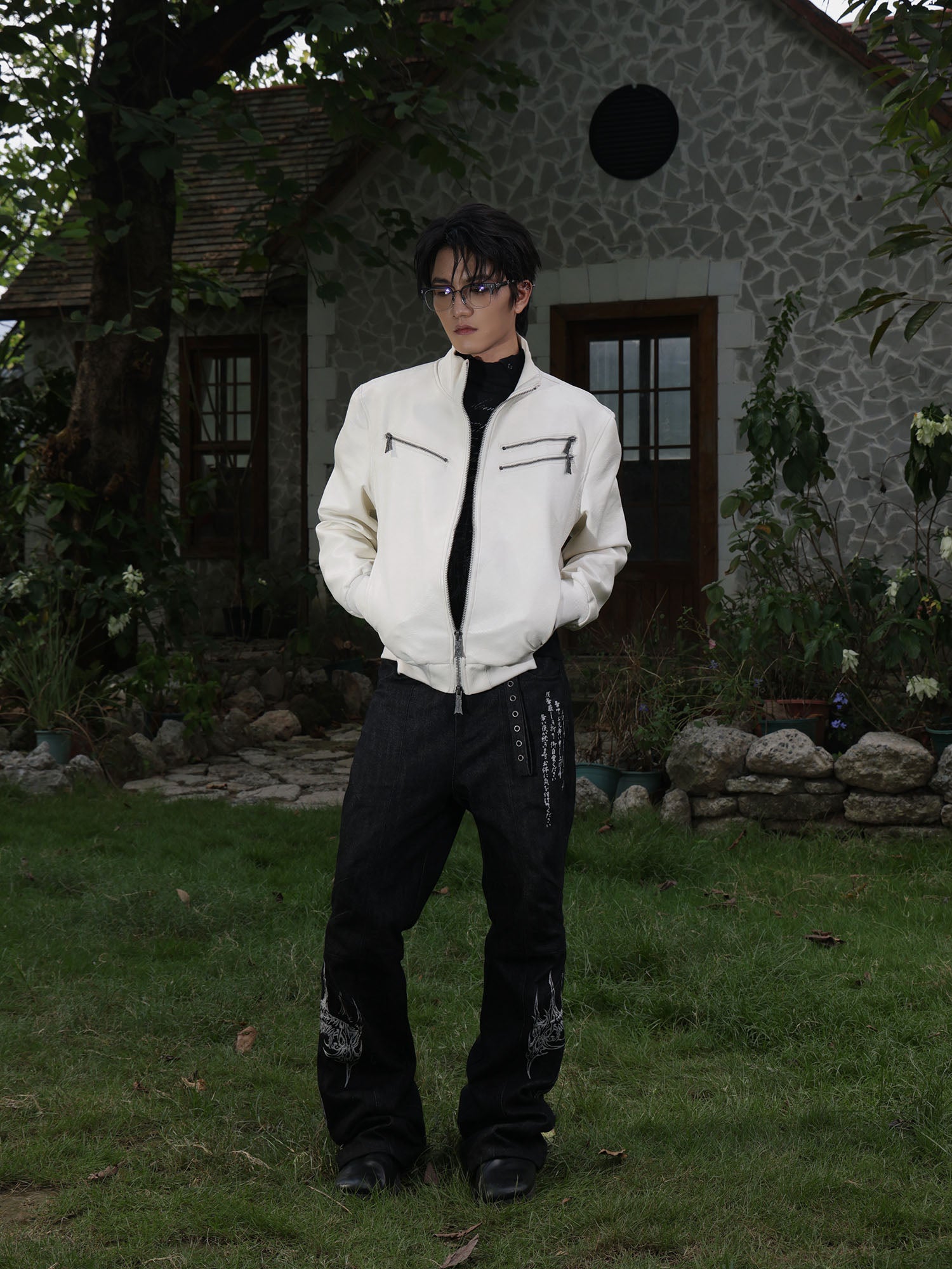 FLYERRER Thorned Eye Graphic Faux Leather Jacket