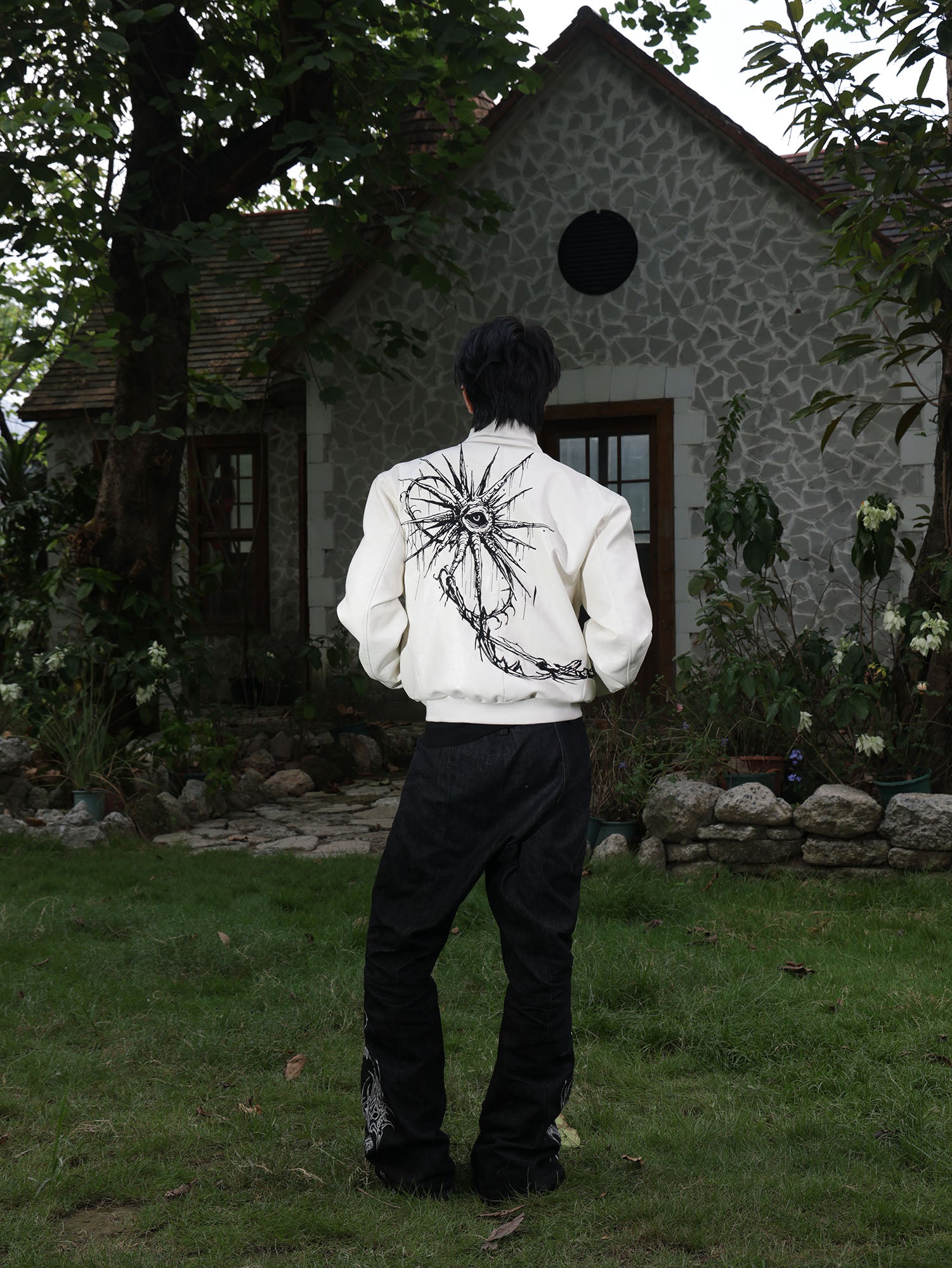 FLYERRER Thorned Eye Graphic Faux Leather Jacket