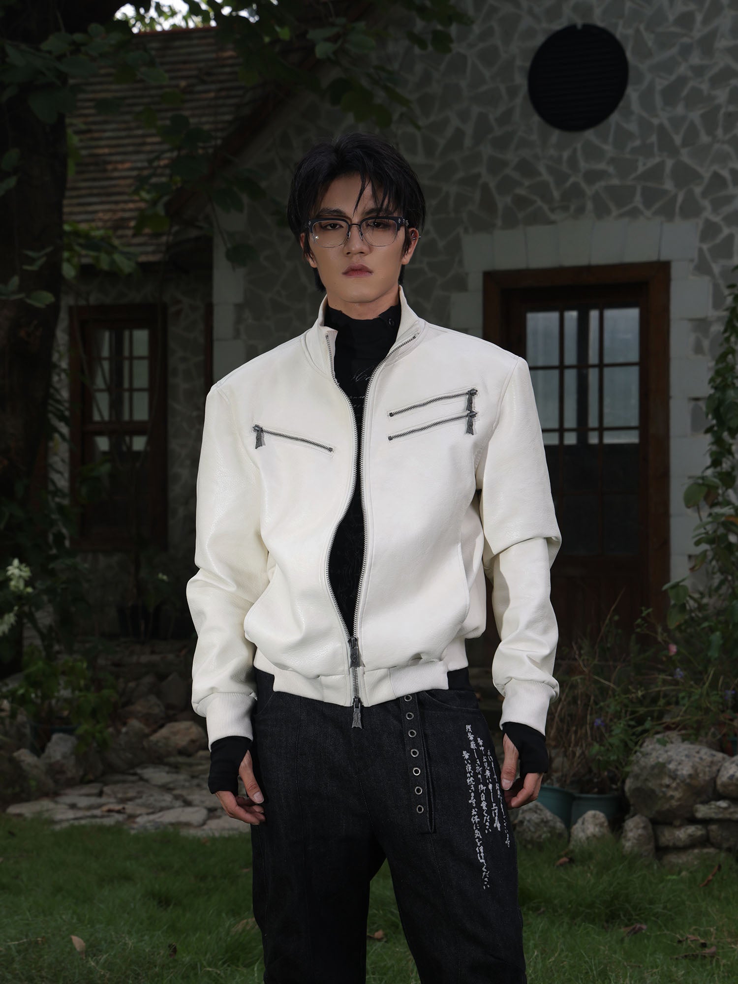 FLYERRER Thorned Eye Graphic Faux Leather Jacket