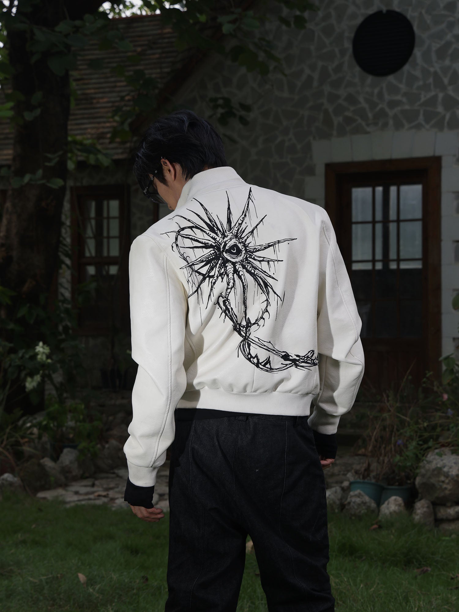 FLYERRER Thorned Eye Graphic Faux Leather Jacket