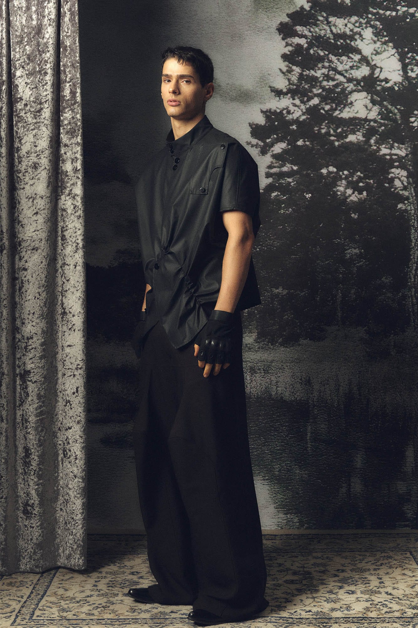 KADAKADA Asymmetrical Pleated Faux Leather Half Shirt, premium urban and streetwear designers apparel on PROJECTISR.com, KADAKADA