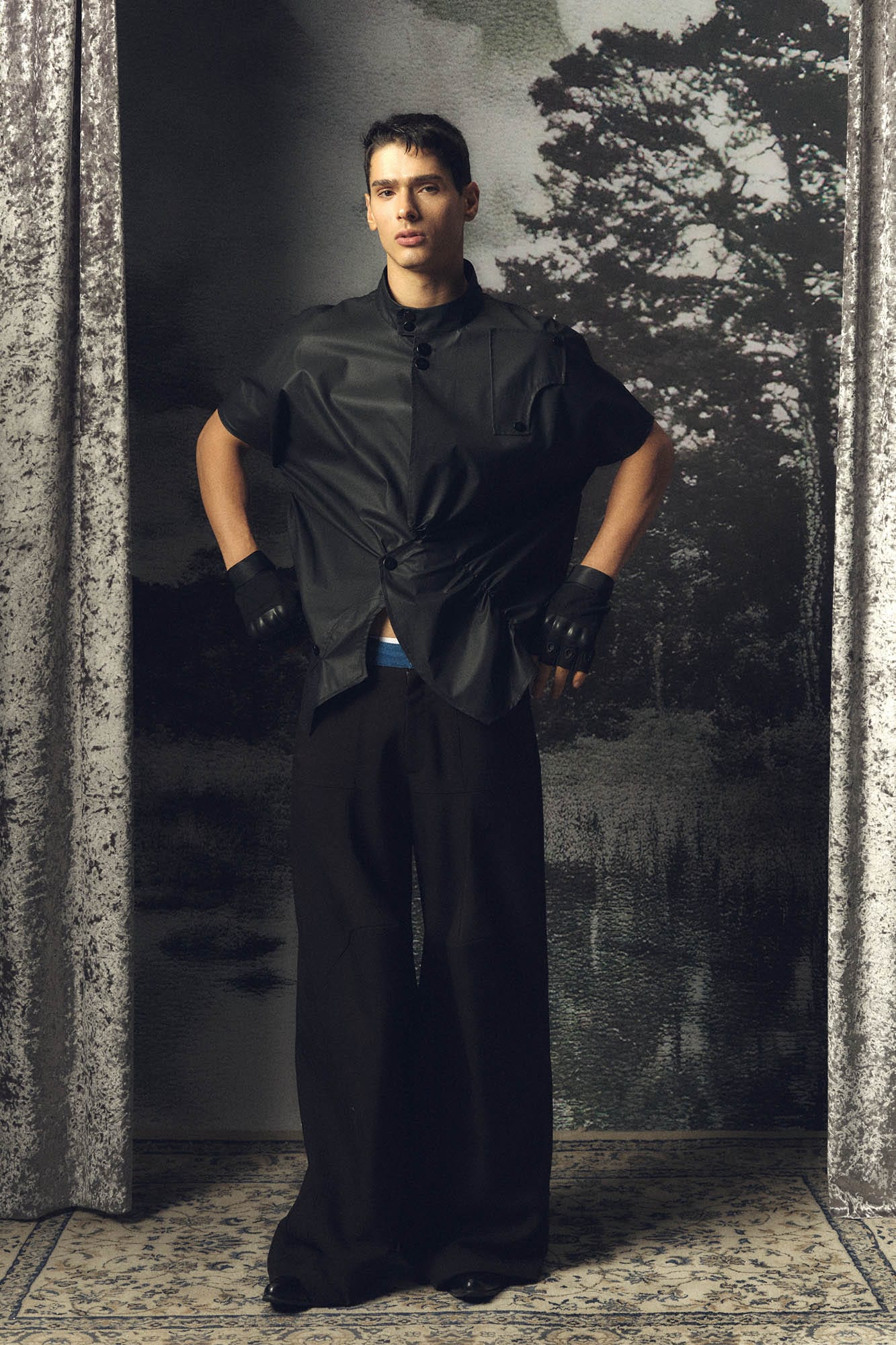 KADAKADA Asymmetrical Pleated Faux Leather Half Shirt, premium urban and streetwear designers apparel on PROJECTISR.com, KADAKADA