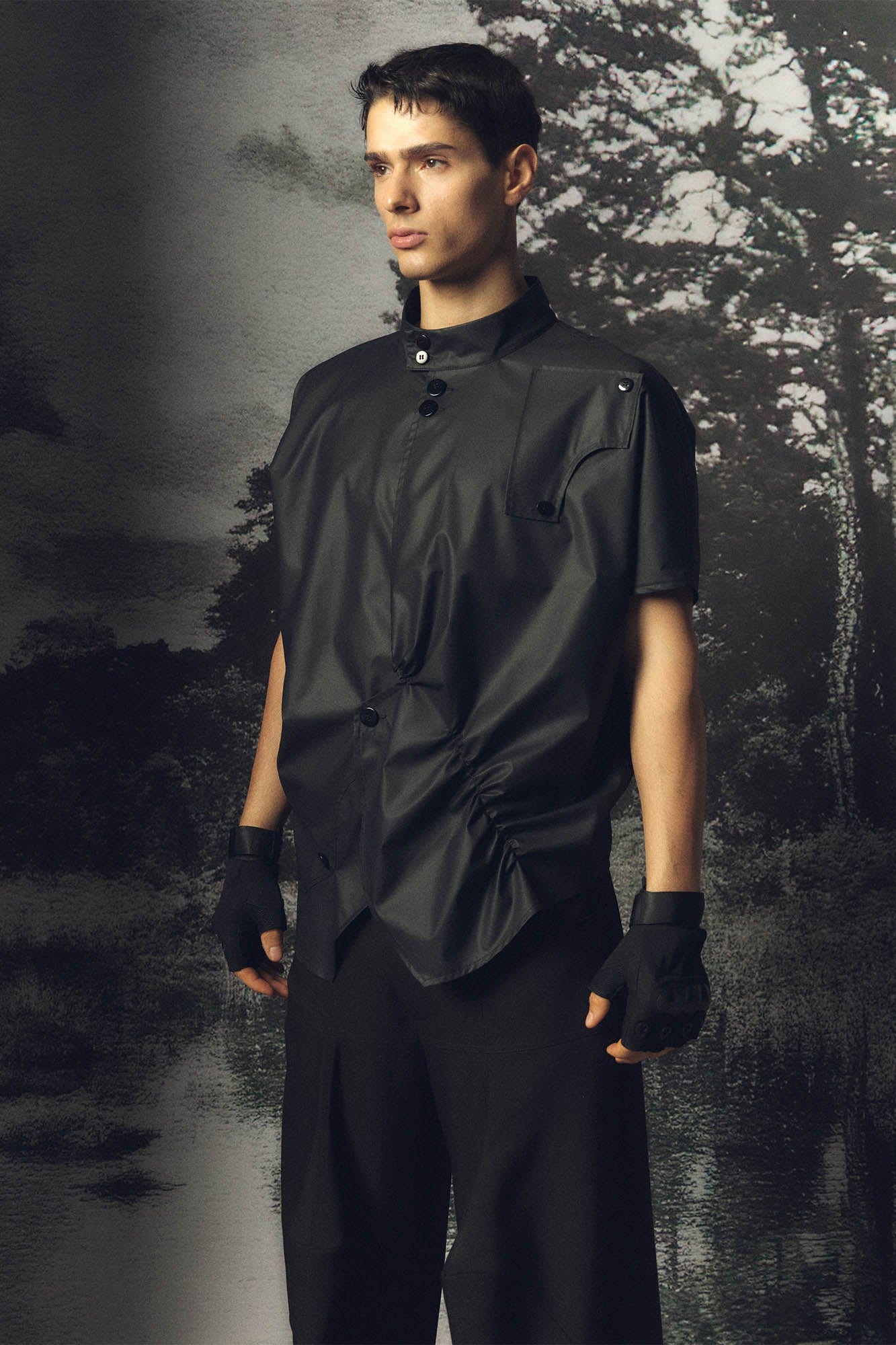KADAKADA Asymmetrical Pleated Faux Leather Half Shirt, premium urban and streetwear designers apparel on PROJECTISR.com, KADAKADA
