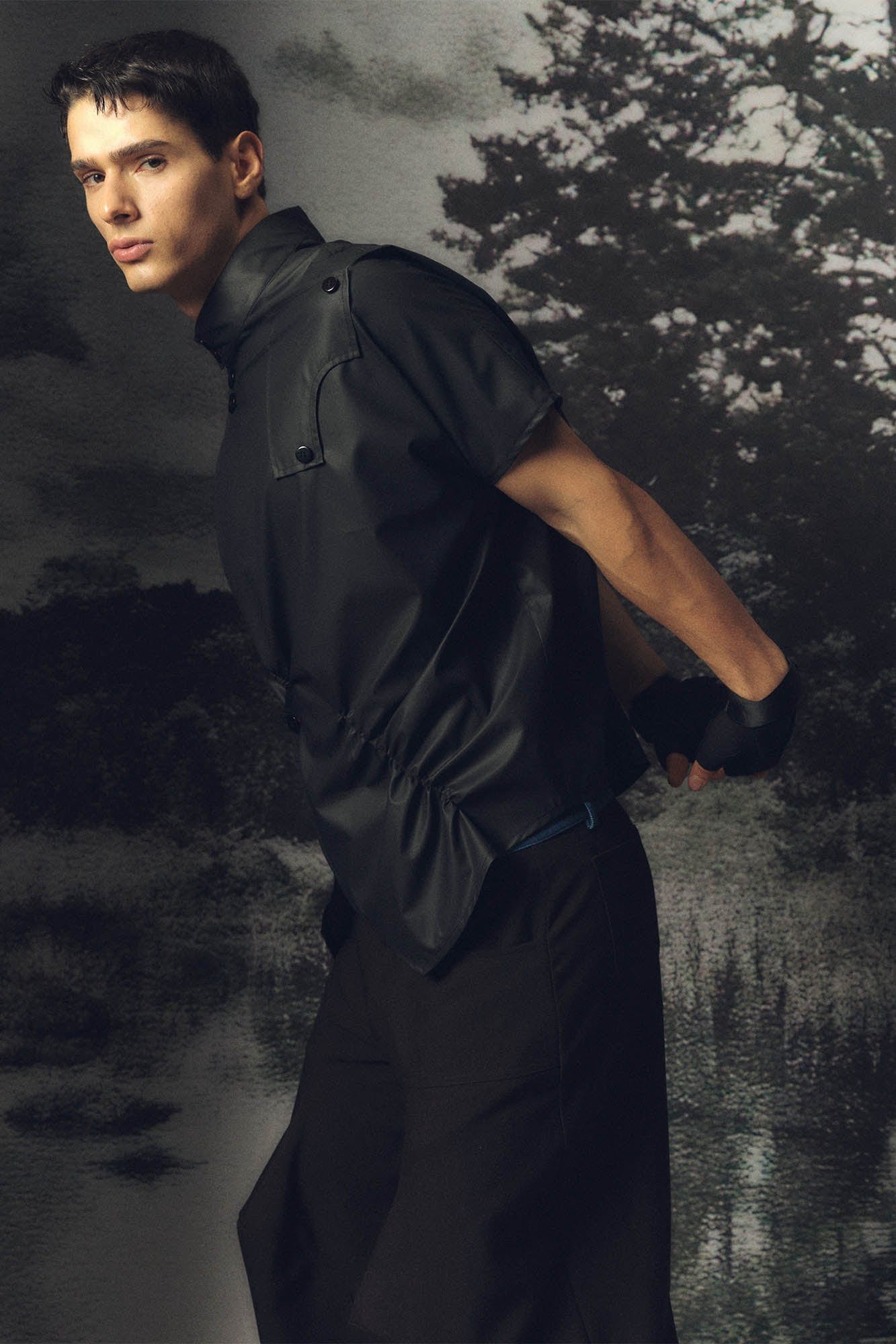 KADAKADA Asymmetrical Pleated Faux Leather Half Shirt, premium urban and streetwear designers apparel on PROJECTISR.com, KADAKADA