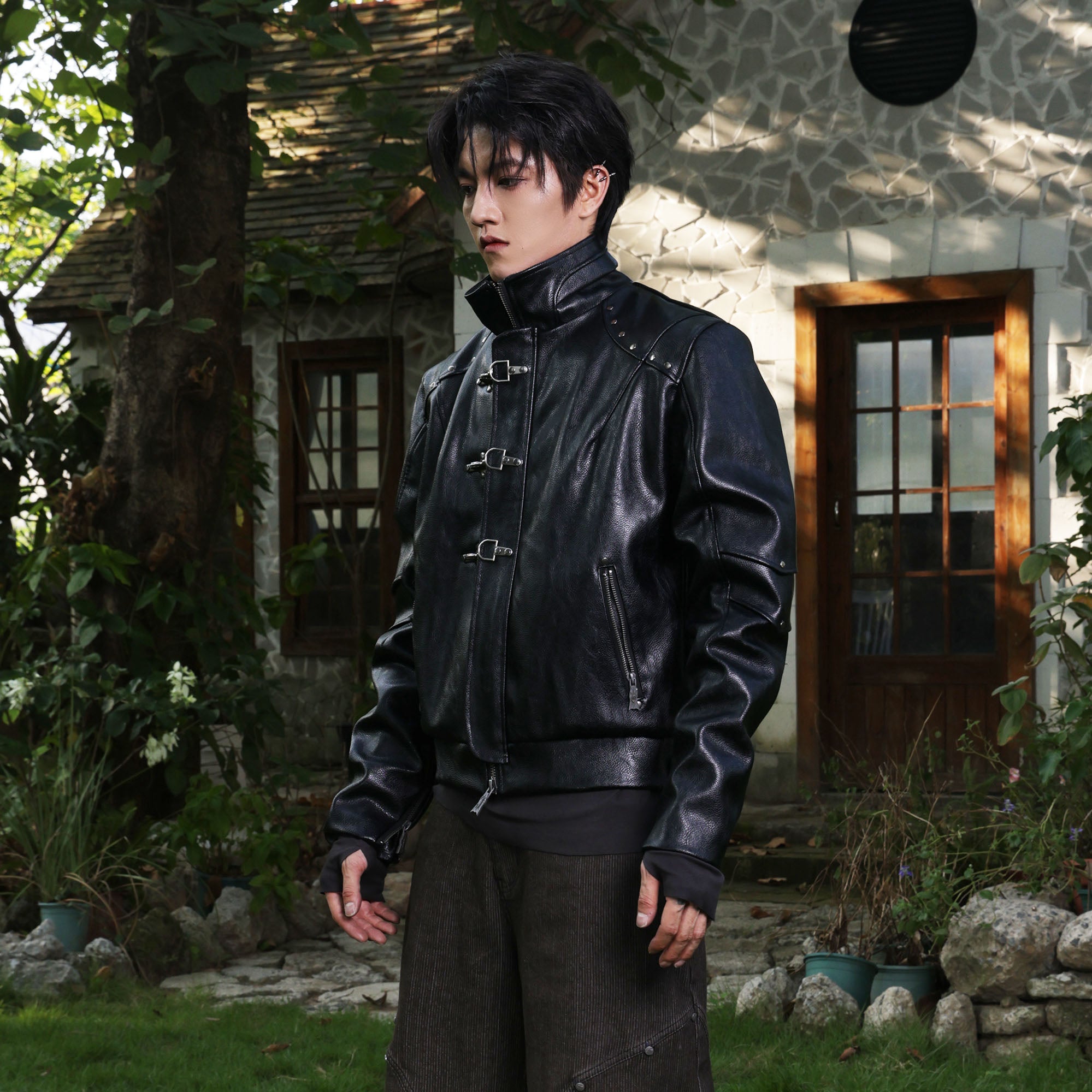 FLYERRER Hook-Buckle Faux Leather Rivet Jacket