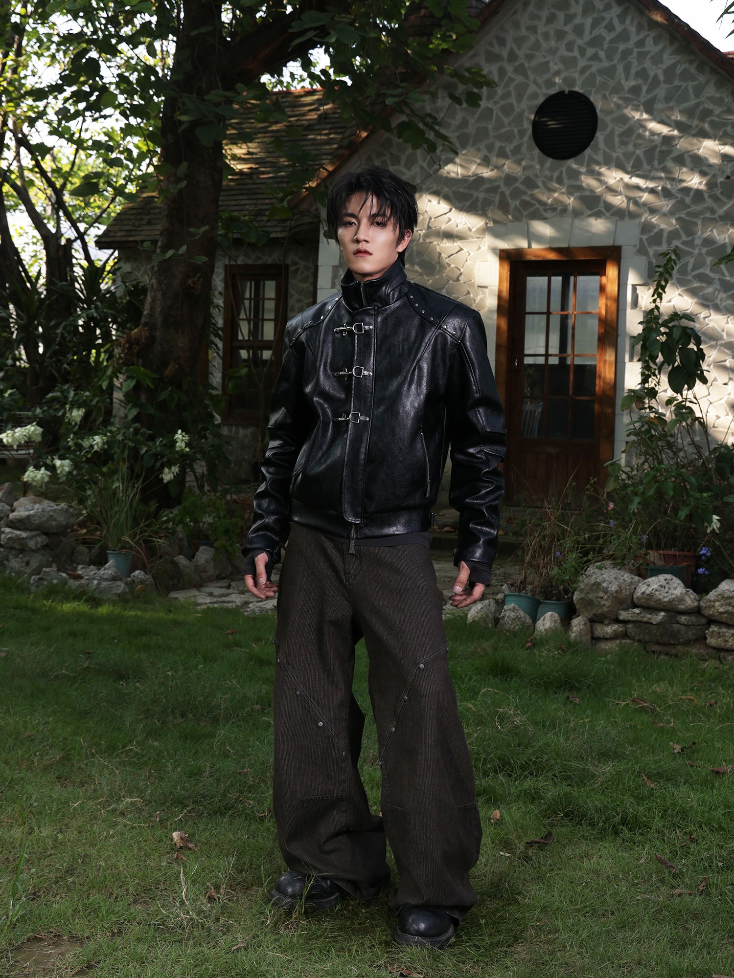 FLYERRER Hook-Buckle Faux Leather Rivet Jacket