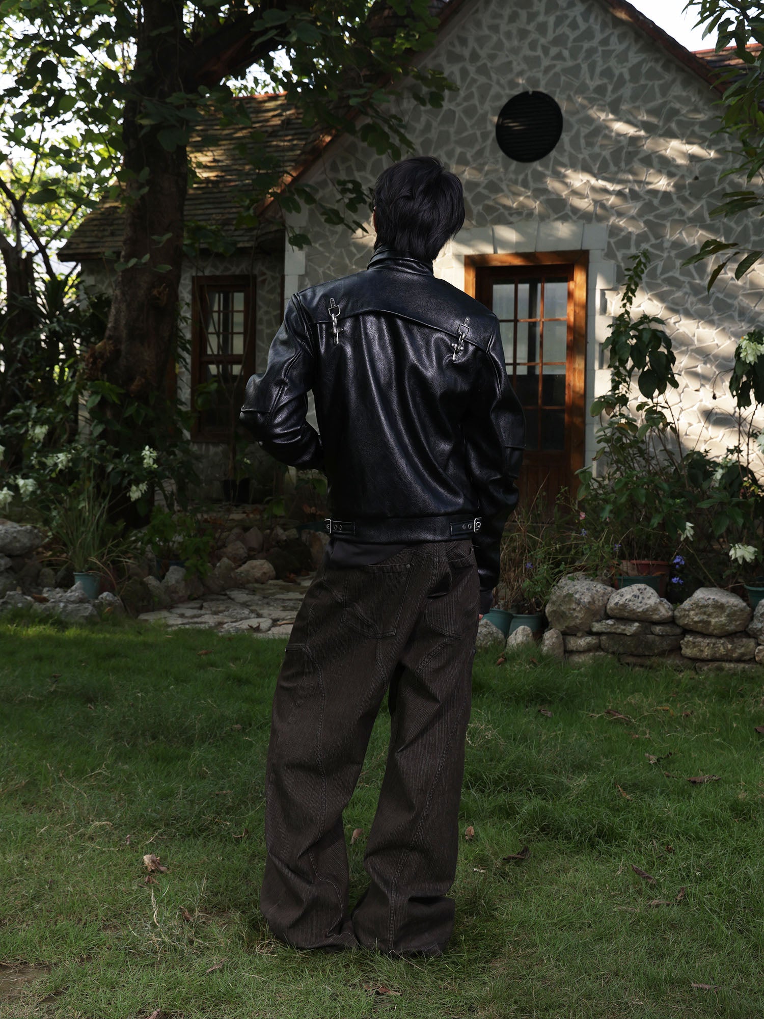 FLYERRER Hook-Buckle Faux Leather Rivet Jacket