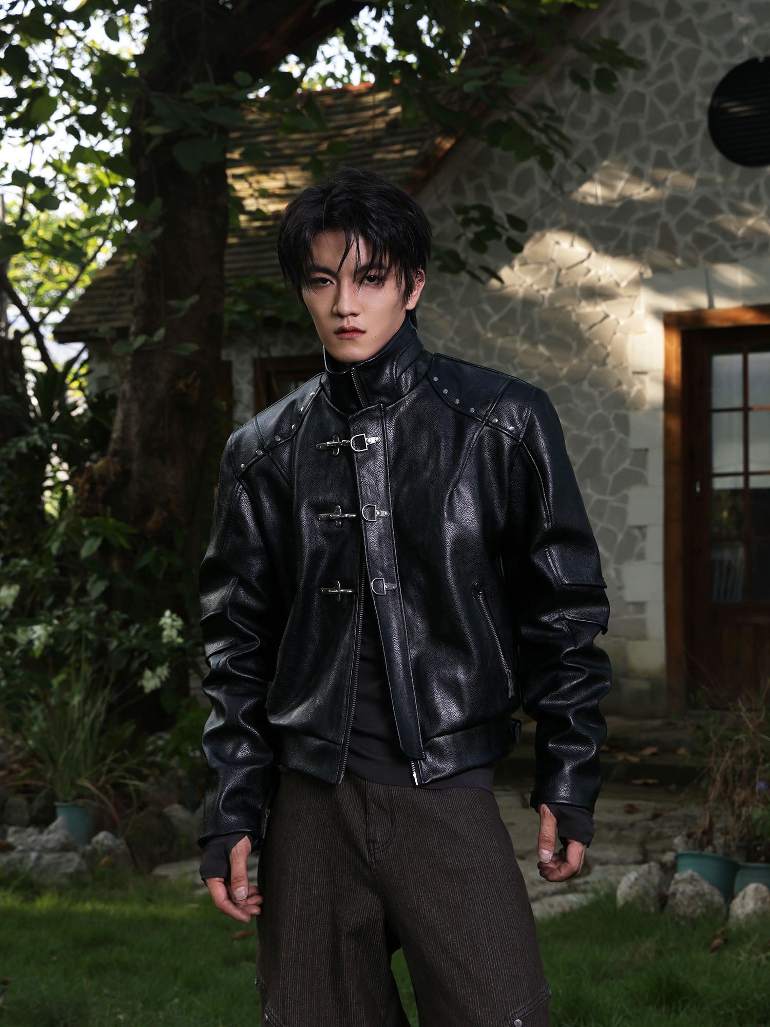 FLYERRER Hook-Buckle Faux Leather Rivet Jacket