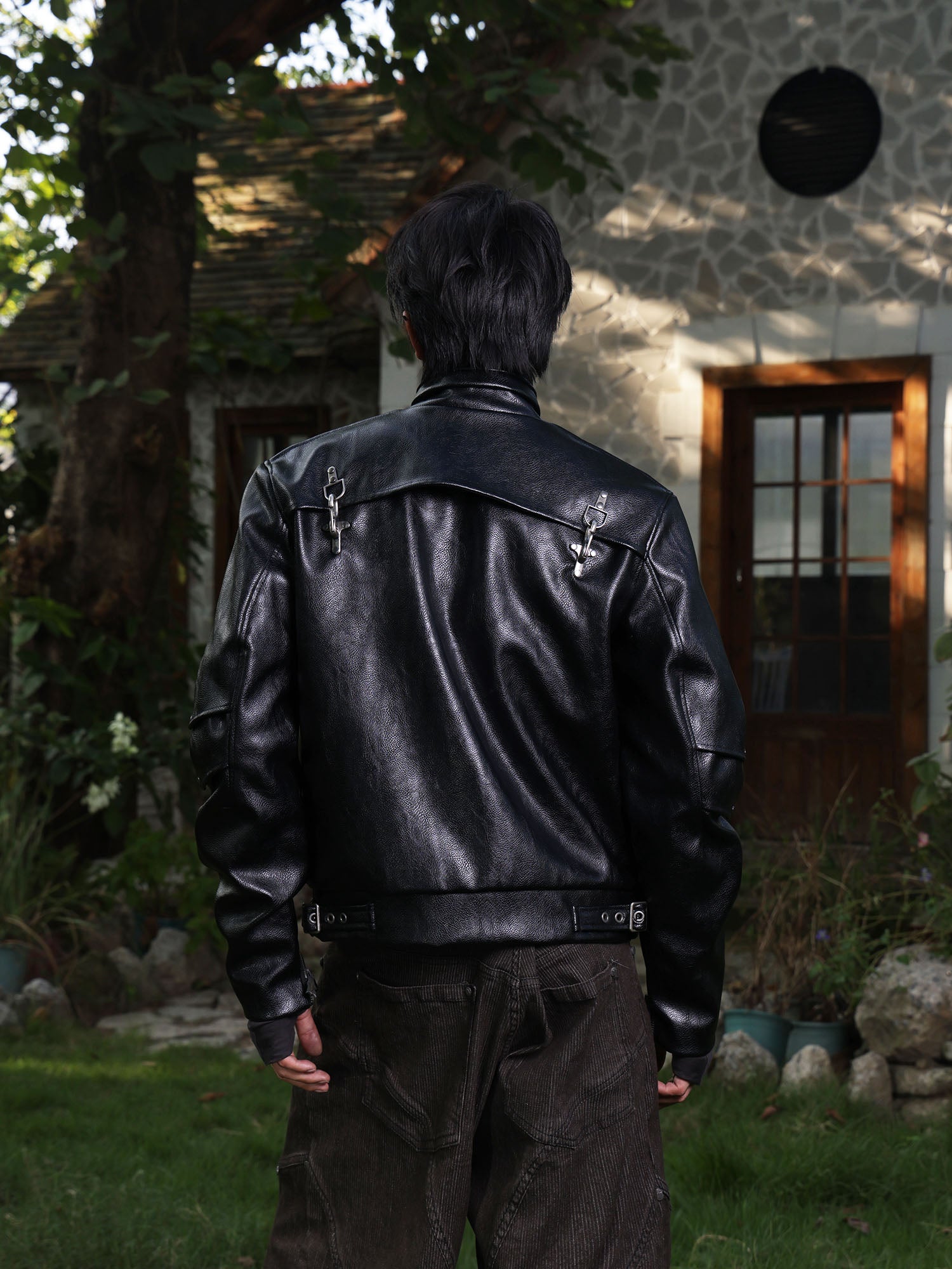 FLYERRER Hook-Buckle Faux Leather Rivet Jacket