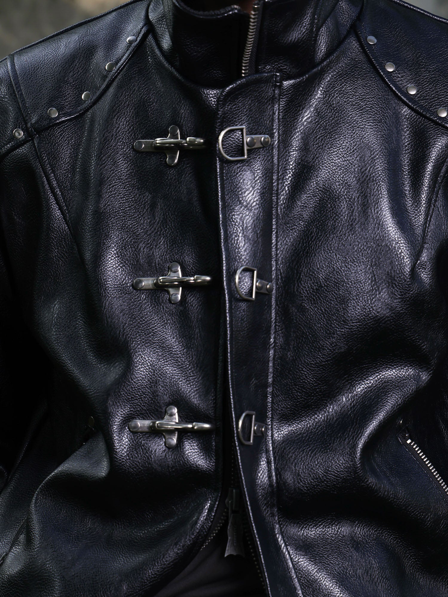 FLYERRER Hook-Buckle Faux Leather Rivet Jacket