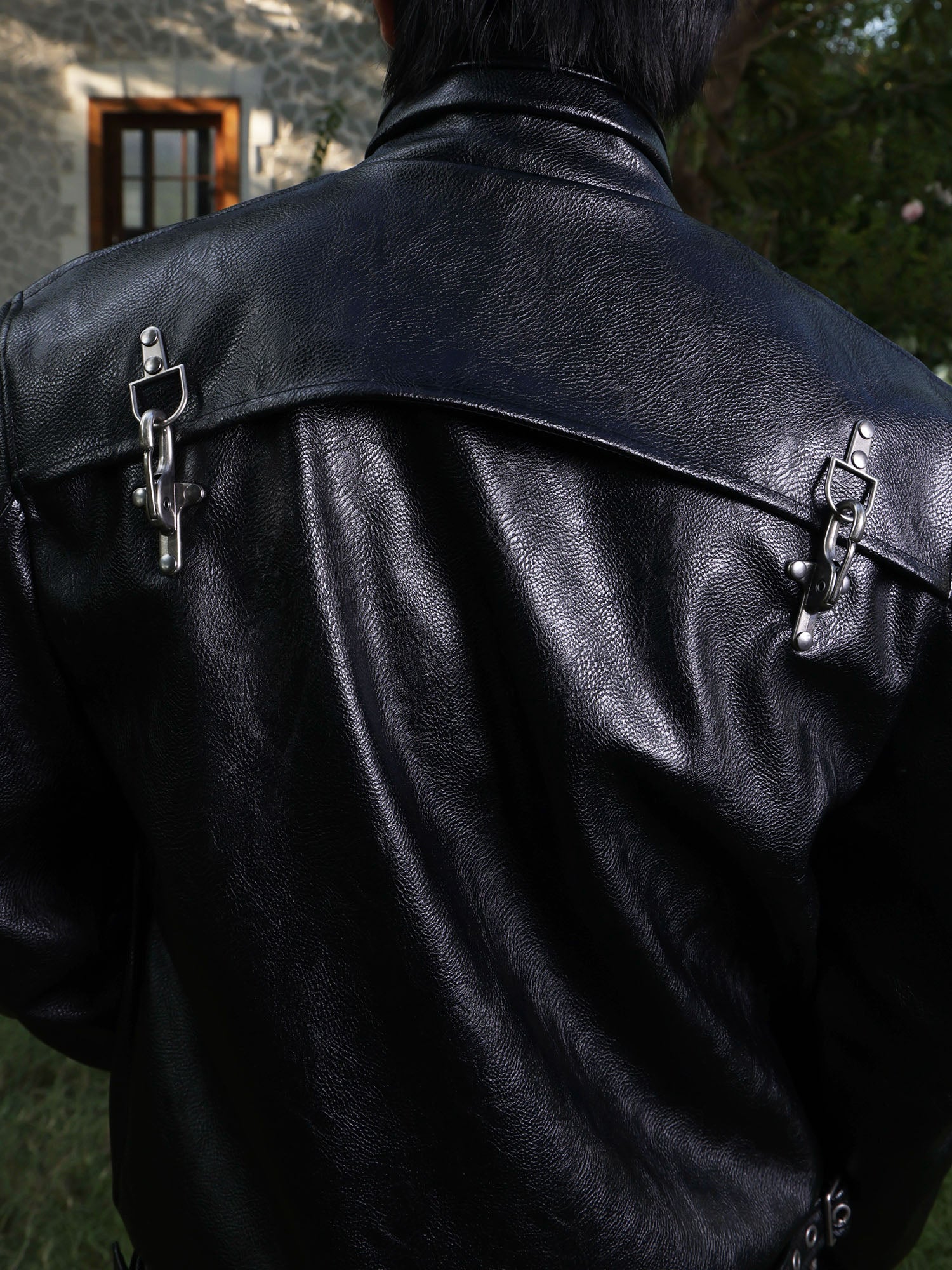 FLYERRER Hook-Buckle Faux Leather Rivet Jacket