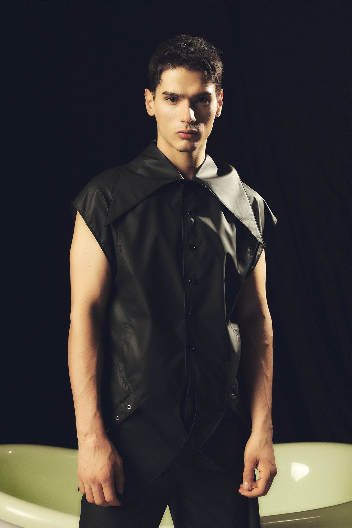 KADAKADA Pointed Hem Faux Leather Vest, premium urban and streetwear designers apparel on PROJECTISR.com, KADAKADA