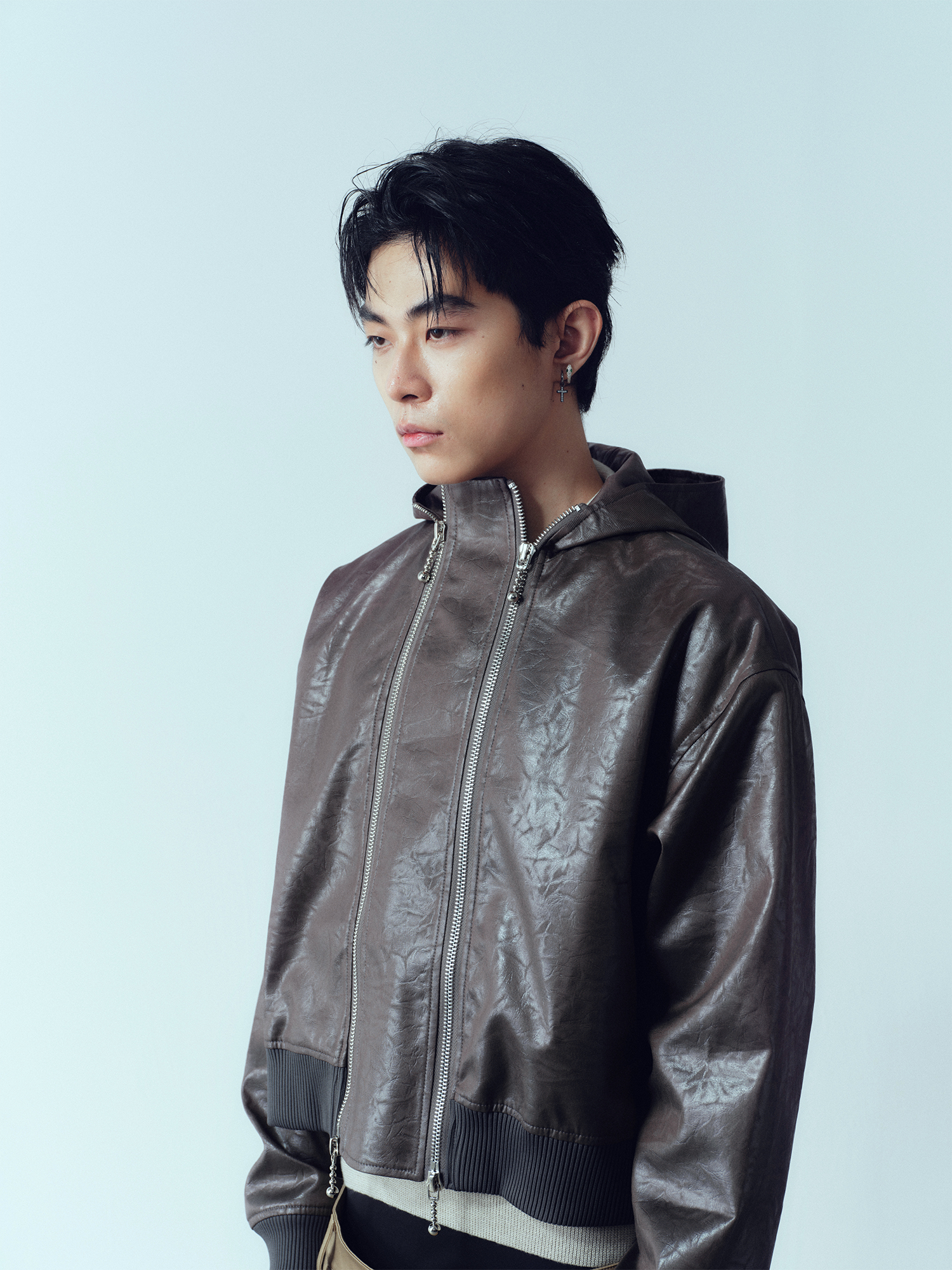 KADAKADA Faux Leather Dual-Zipper Hooded Jacket