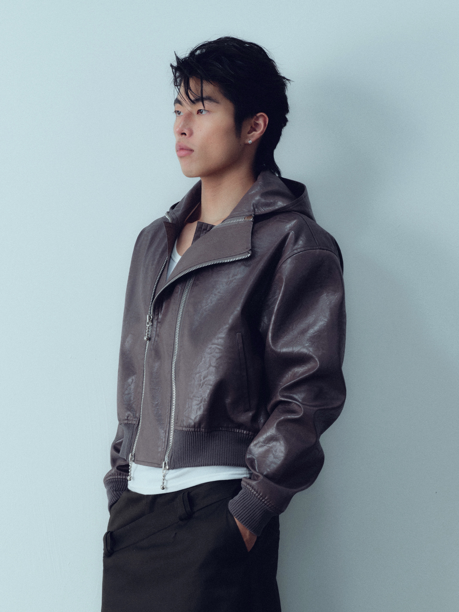 KADAKADA Faux Leather Dual-Zipper Hooded Jacket