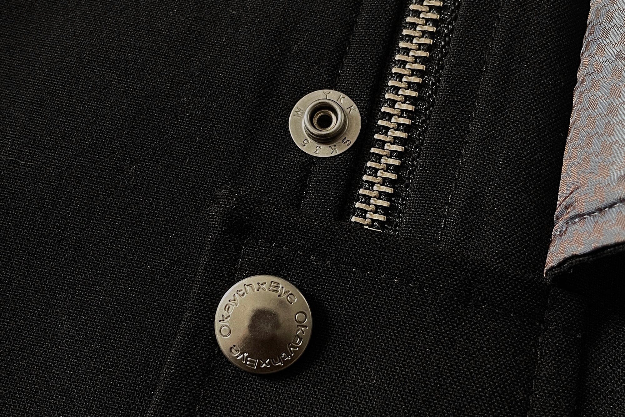 OKAYTHXBYE Glossy Houndstooth-Lined Stand Collar Jacket, premium urban and streetwear designers apparel on PROJECTISR.com, OKAYTHXBYE